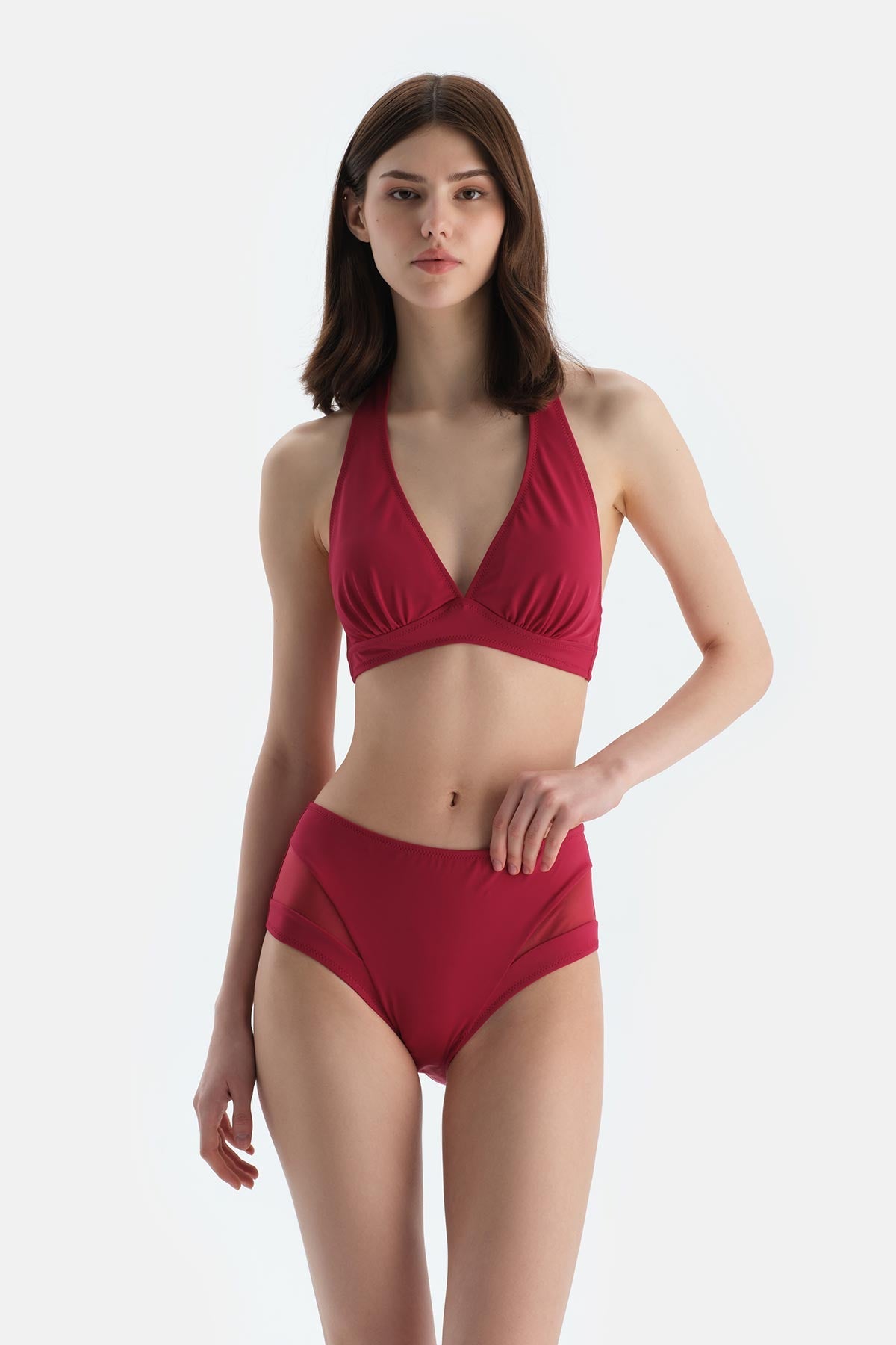 Bordo Tül Detaylı Yüksek Bel Bikini Alt