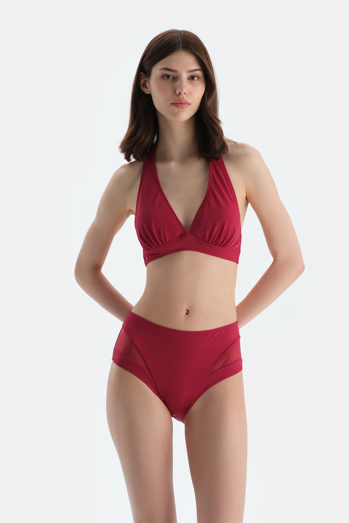 Bordo Tül Detaylı Yüksek Bel Bikini Alt