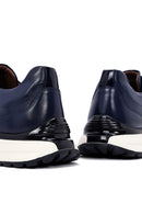 Erkek Lacivert Bağcıklı Kalın Tabanlı Deri Casual Sneaker