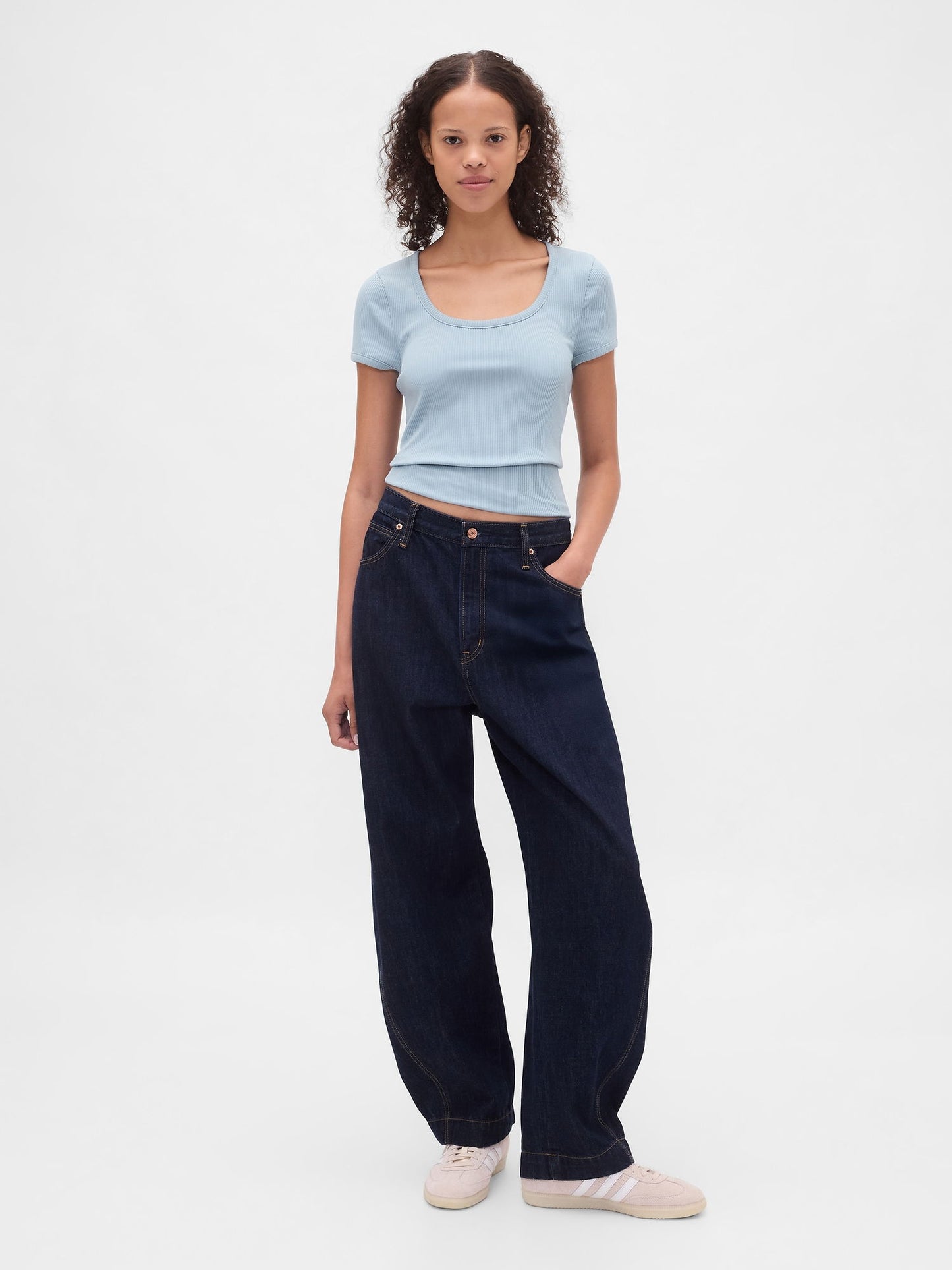 Açık Mavi Modern Fitilli Scoop Crop T-shirt