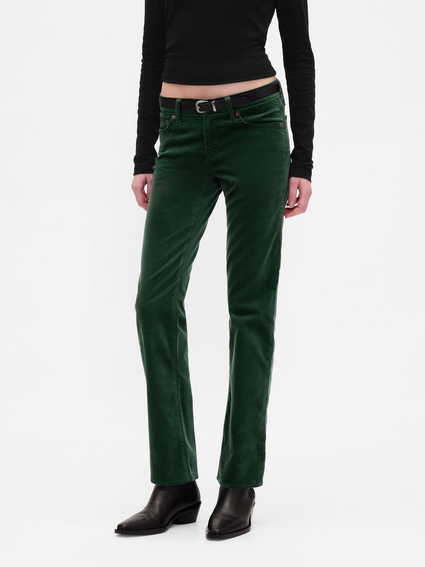 Yeşil Low Rise Kadife '90s Slim Pantolon