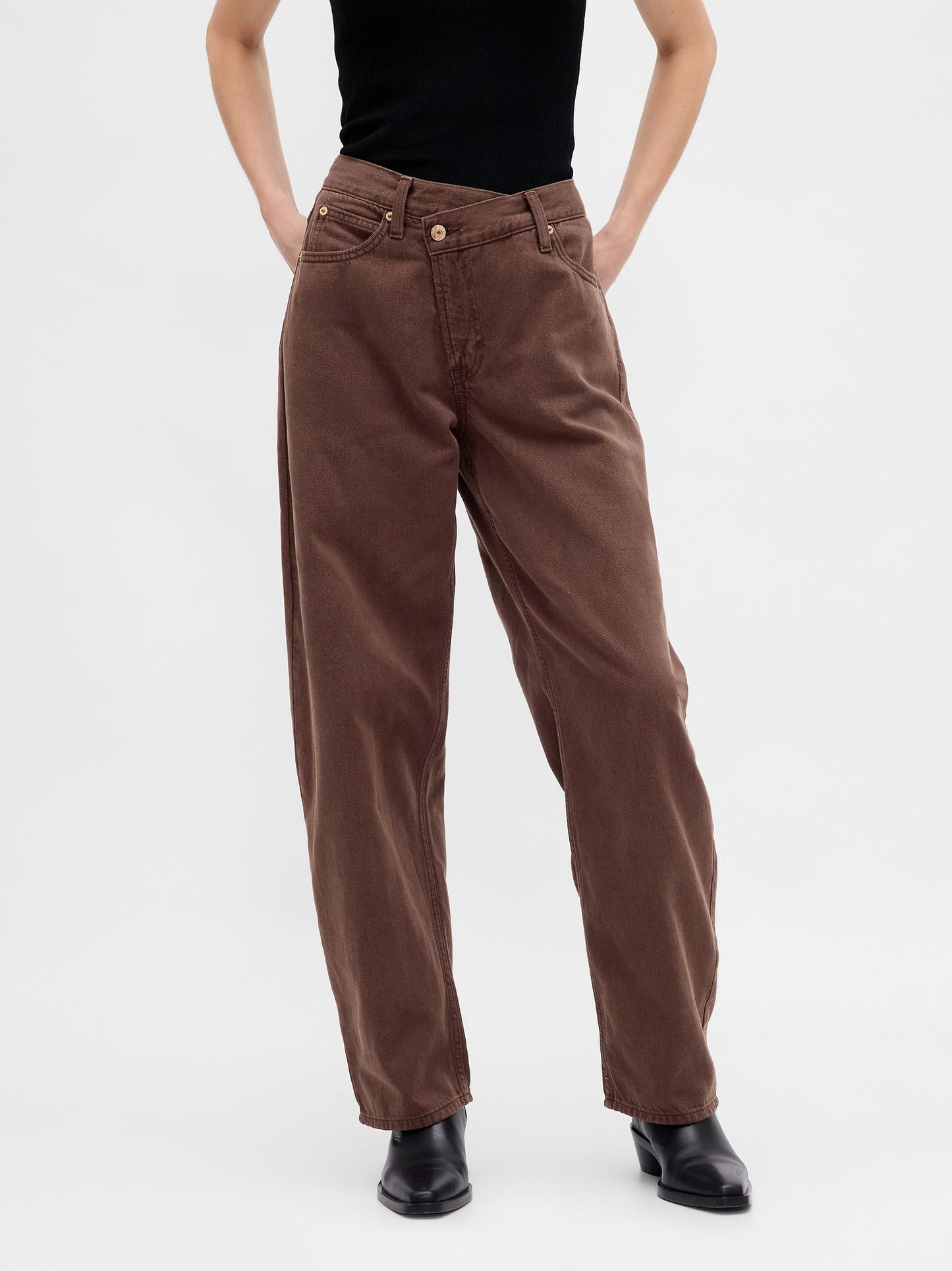 Kahverengi High Rise Ultrasoft Crossover Barrel Jean Pantolon