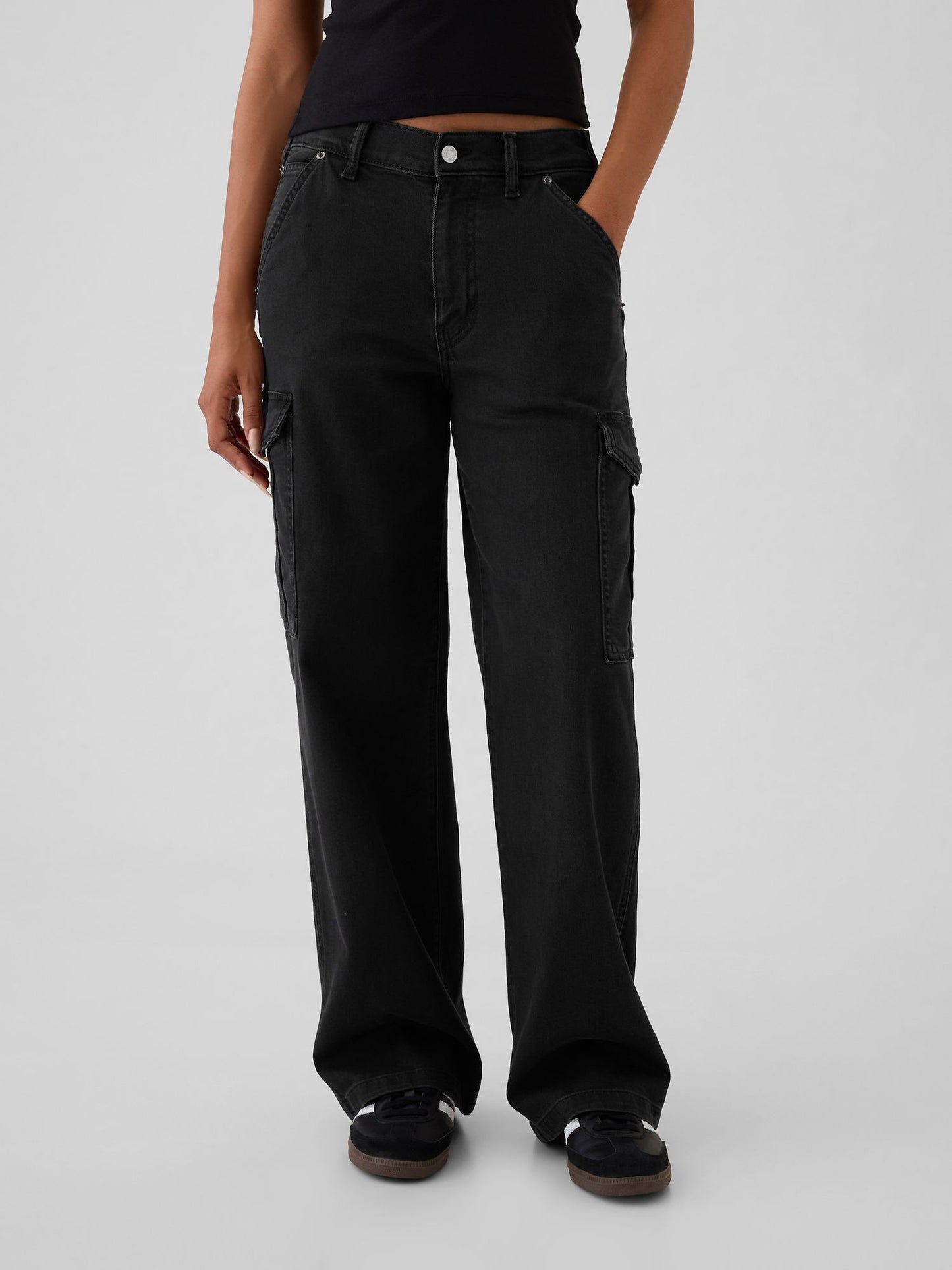 Siyah Mid Rise '90s Loose Kargo Jean Pantolon
