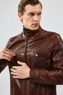 Wade Erkek Kahverengi Slim-fit Deri Ceket