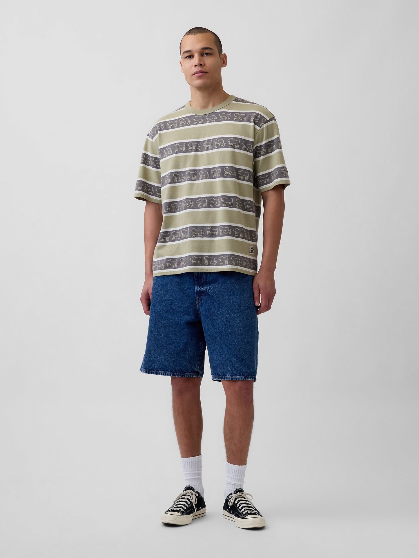 Haki Keith Haring Oversized Çizgili T-shirt