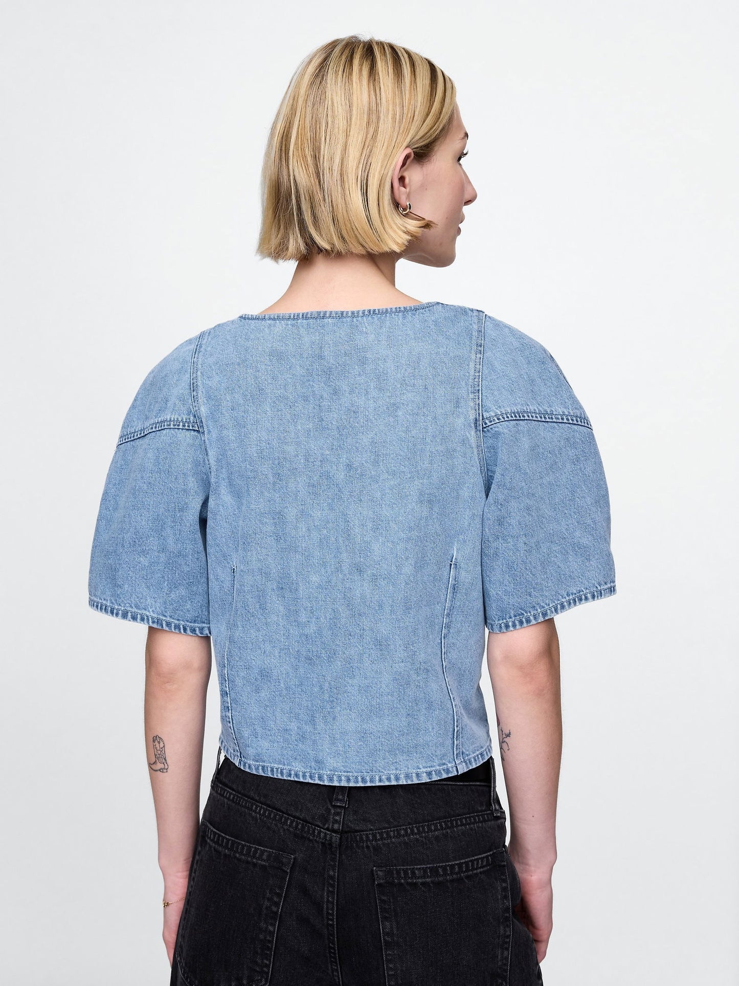 Mavi Kabarık Kol Denim Crop Bluz