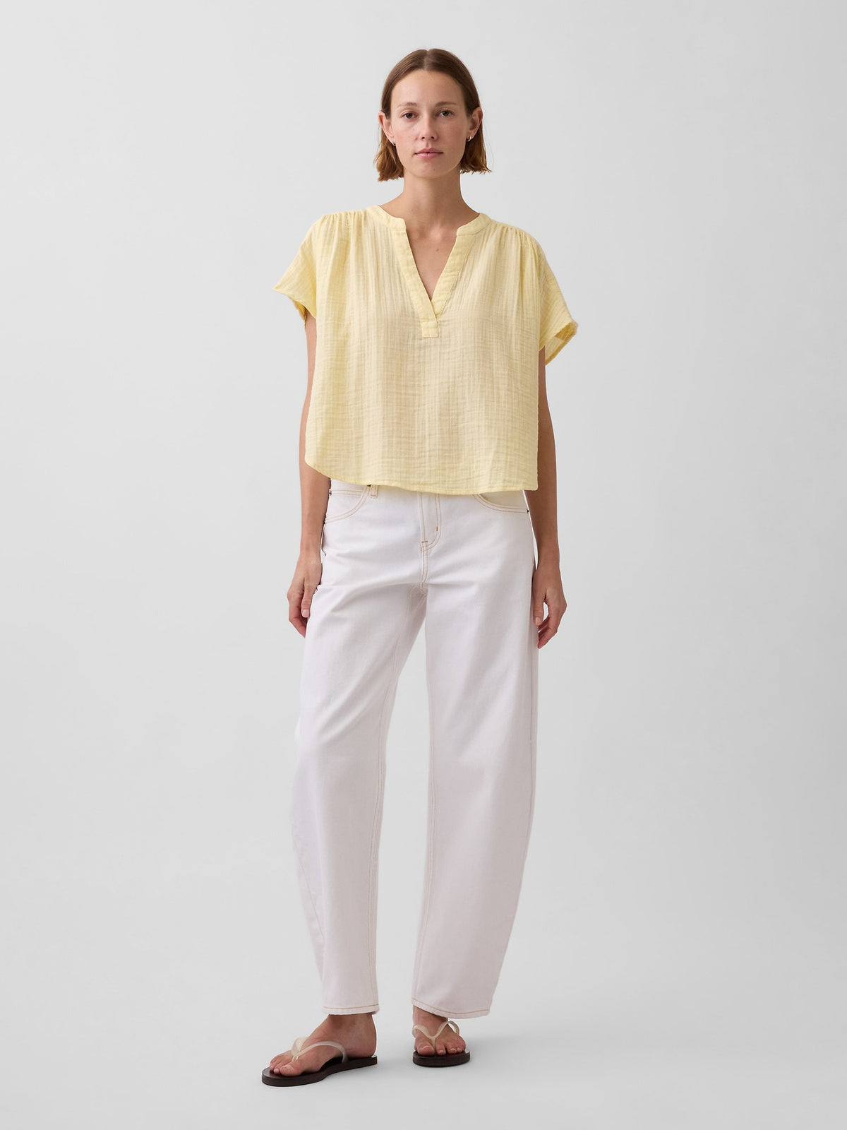 Sarı Pamuk Gauze Oversized Split-neck Üst