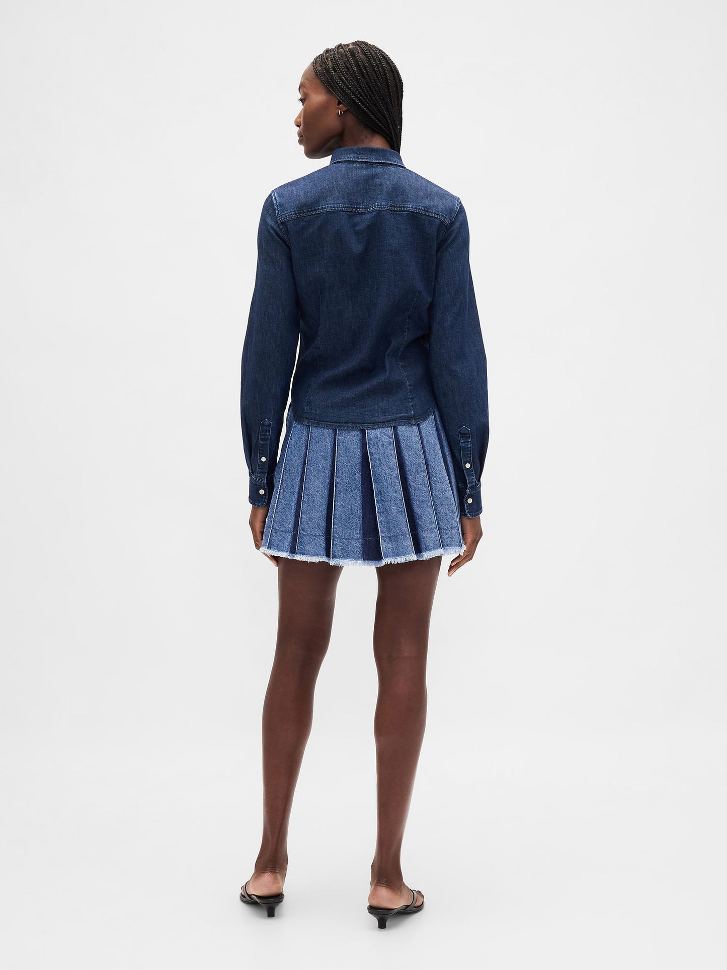 Koyu Mavi Pileli Denim Mini Etek