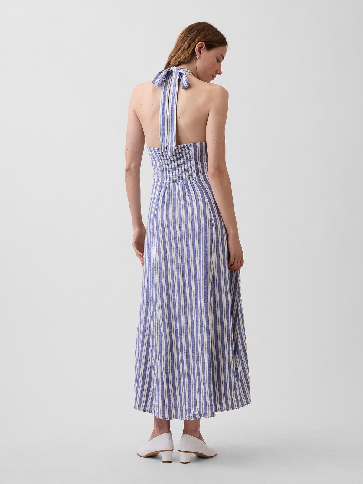 Mavi Keten Karışımlı Halter Maxi Elbise