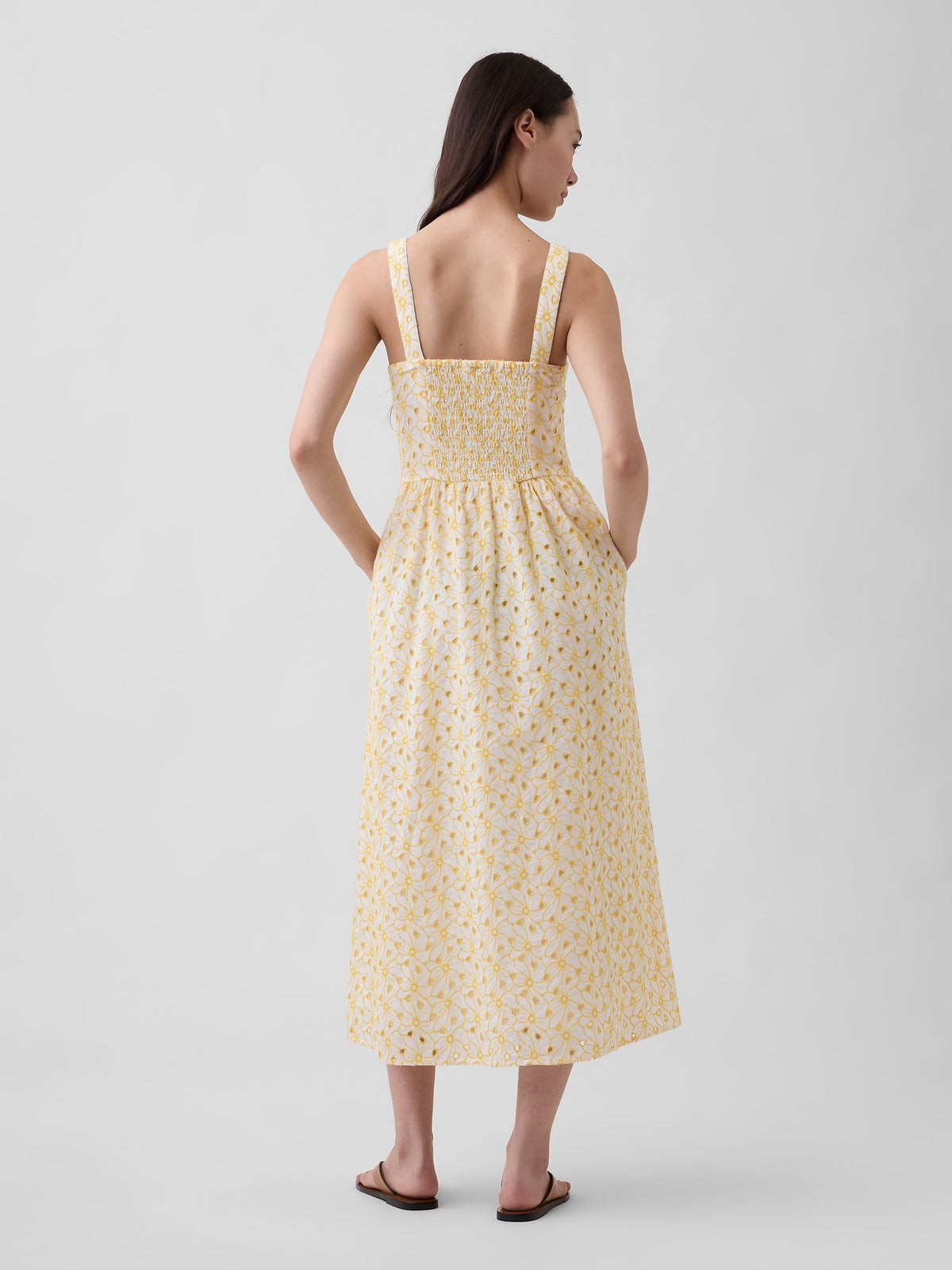 Sarı Eyelet Seamed Drop-waist Maxi Elbise
