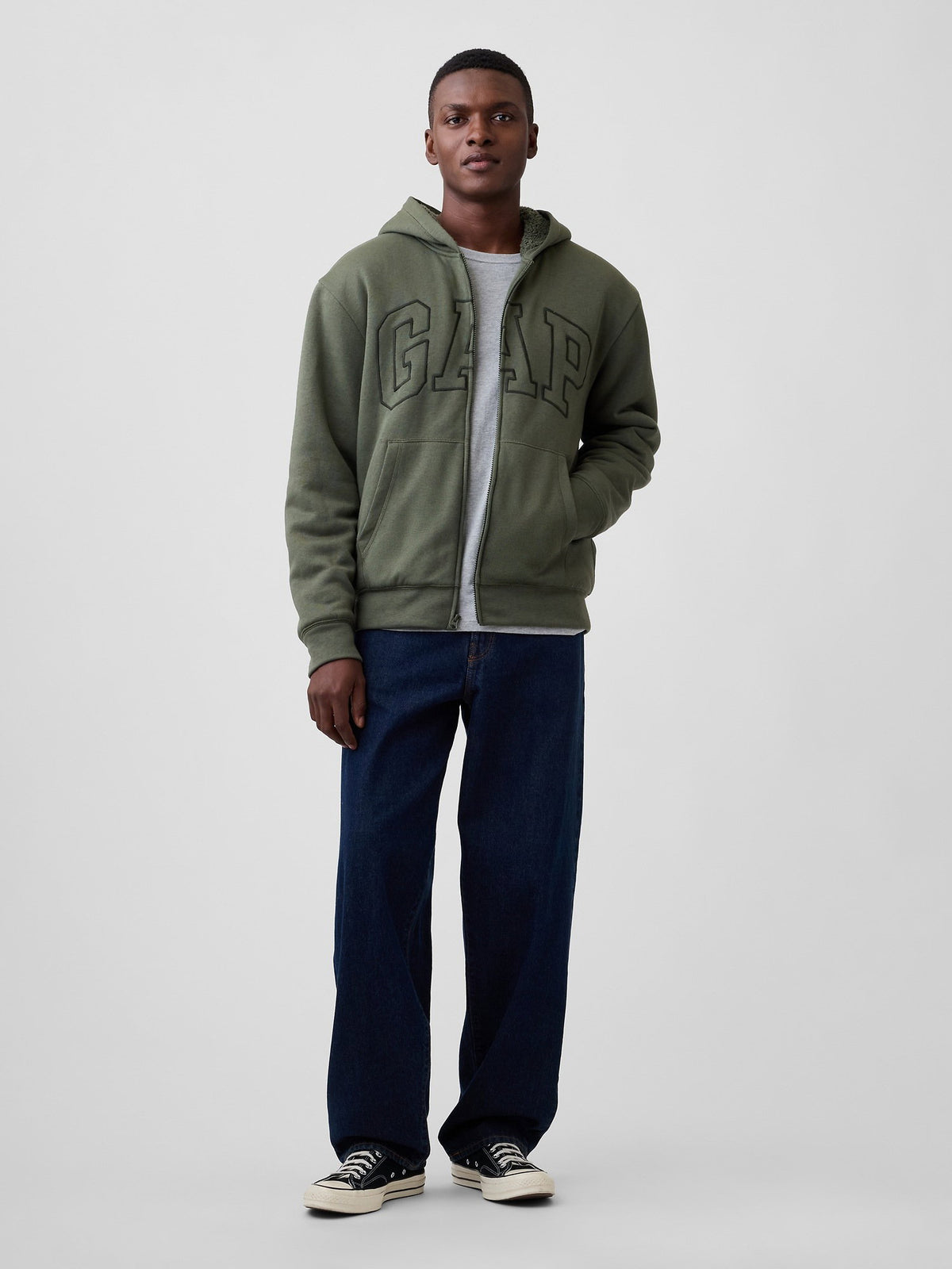 Haki Relaxed Gap Logo Sherpa Astarlı Fermuarlı Sweatshirt