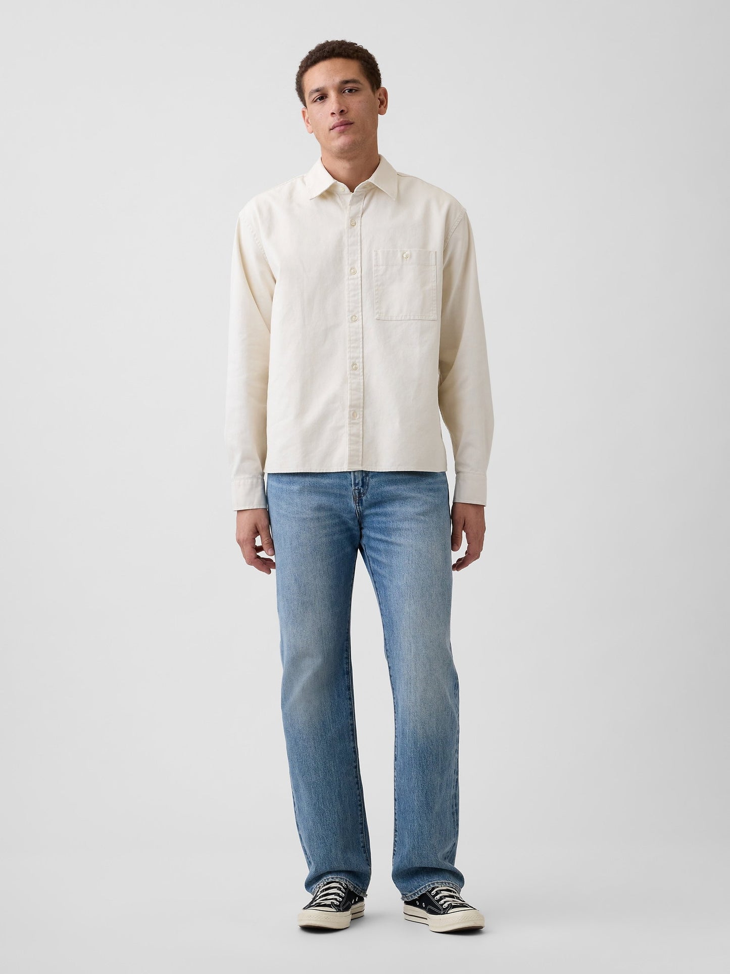Bej Relaxed Crop Straight-hem Oxford Gömlek