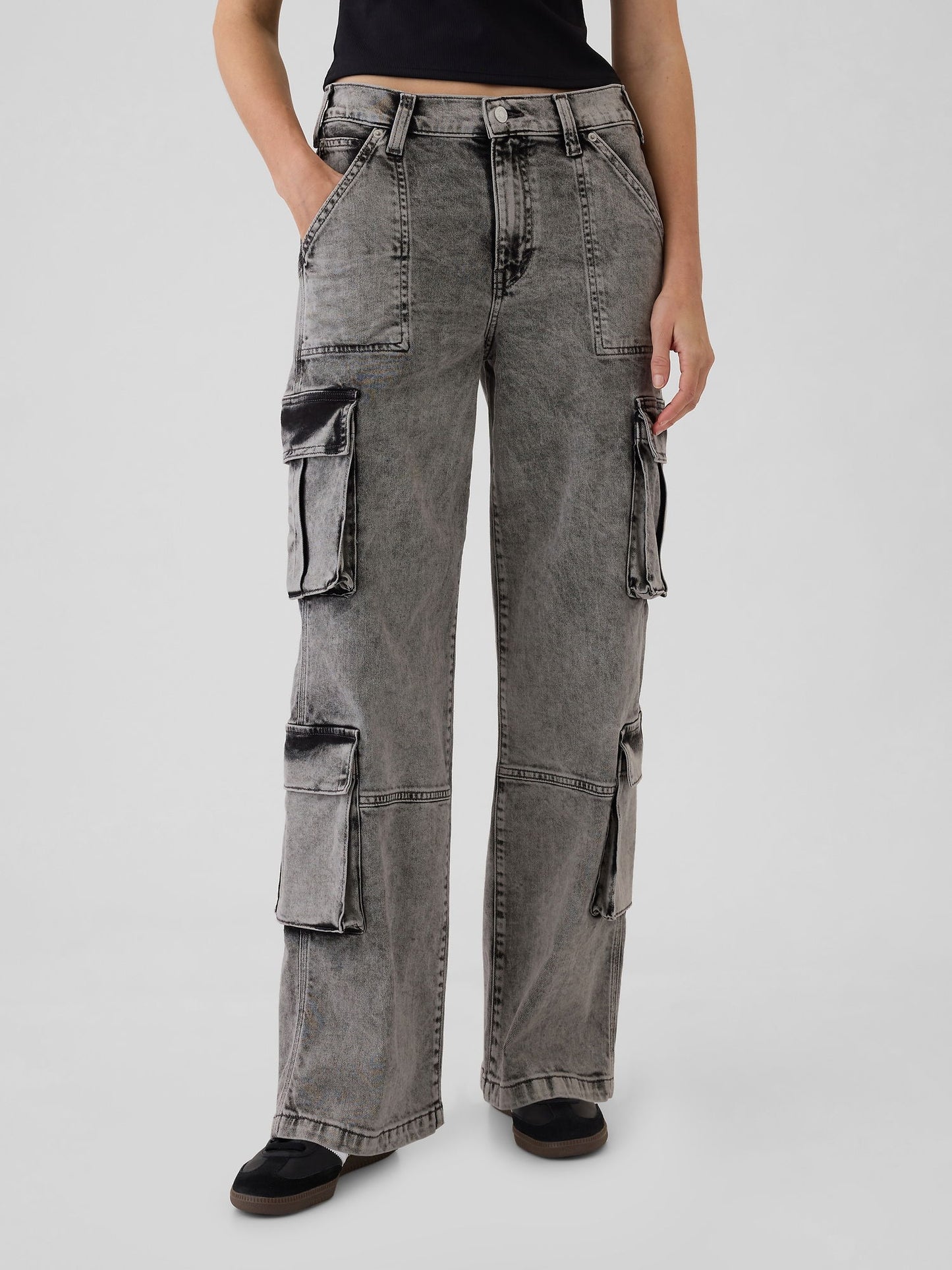Siyah Mid Rise Double Cargo '90s Loose Jean Pantolon