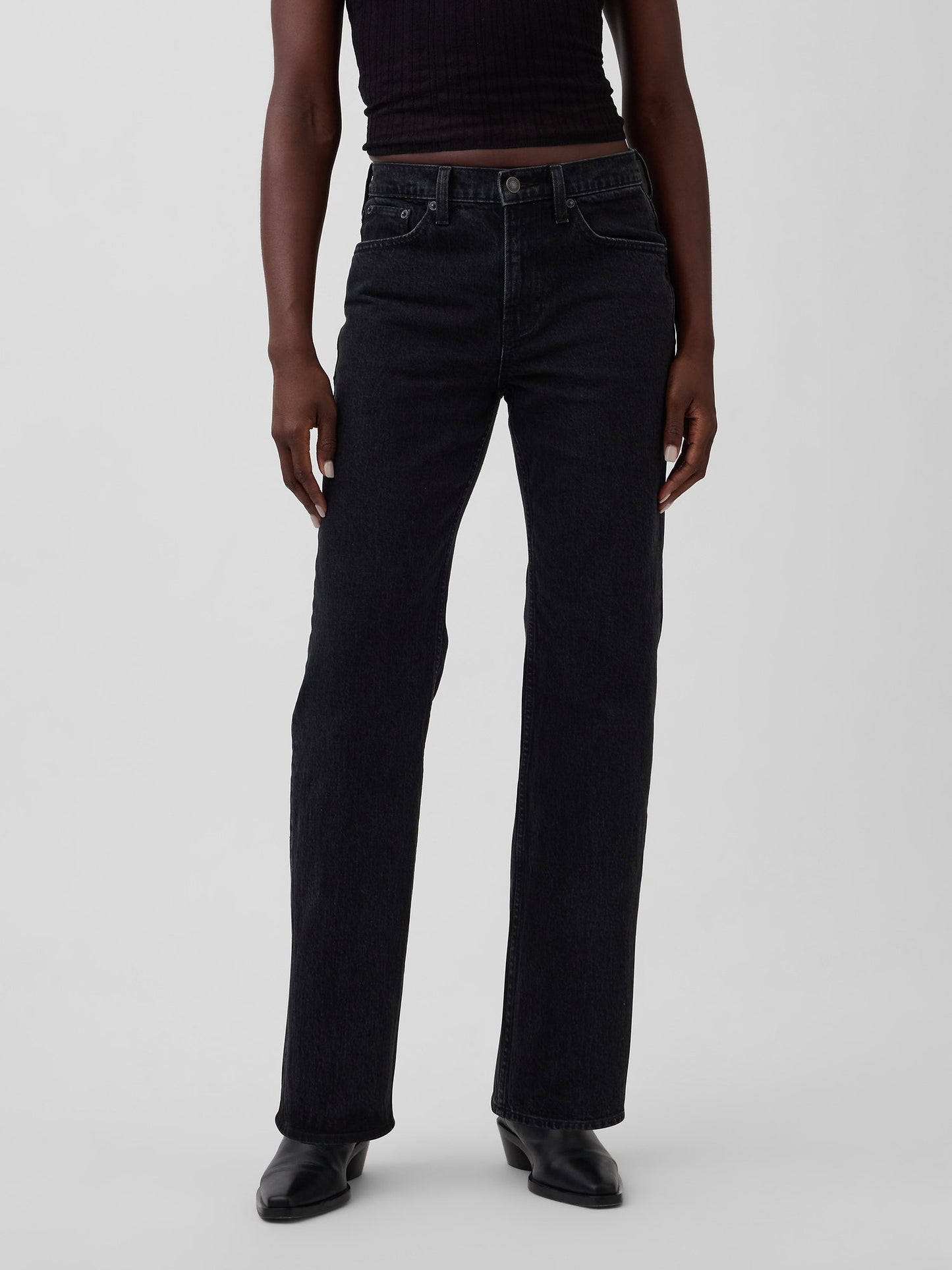 Siyah Mid Rise Relaxed Straight Jean Pantolon