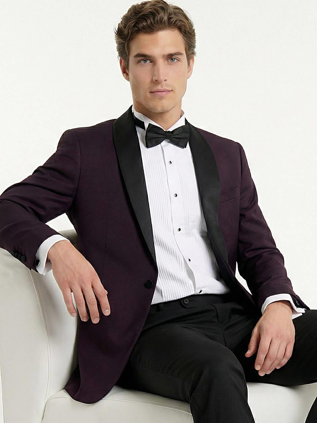 Bordo Slim Fit Çıkarılabilir Şal Yaka Dokuma Smokin Takım Elbise