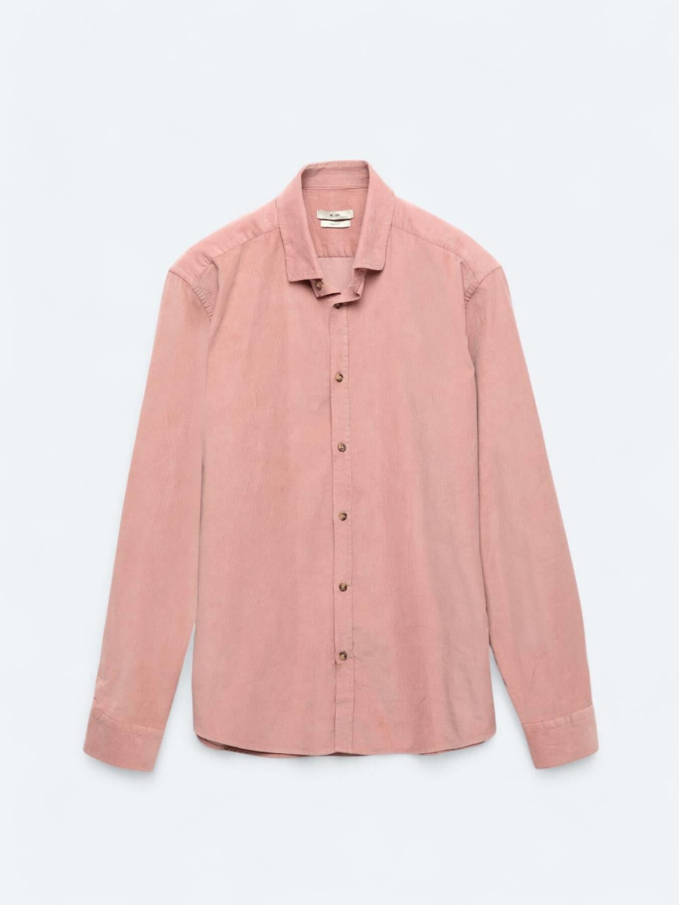 Pembe Fitilli Regular Fit Uzun Dokuma Kadife Casual %100 Pamuk Gömlek