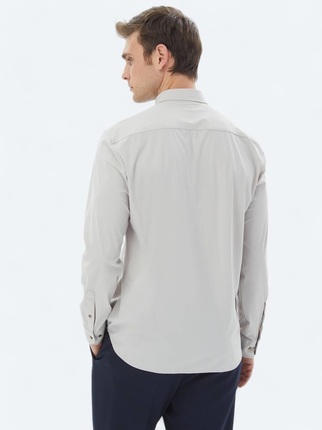 Ekru Düz Regular Fit Uzun Casual Gömlek