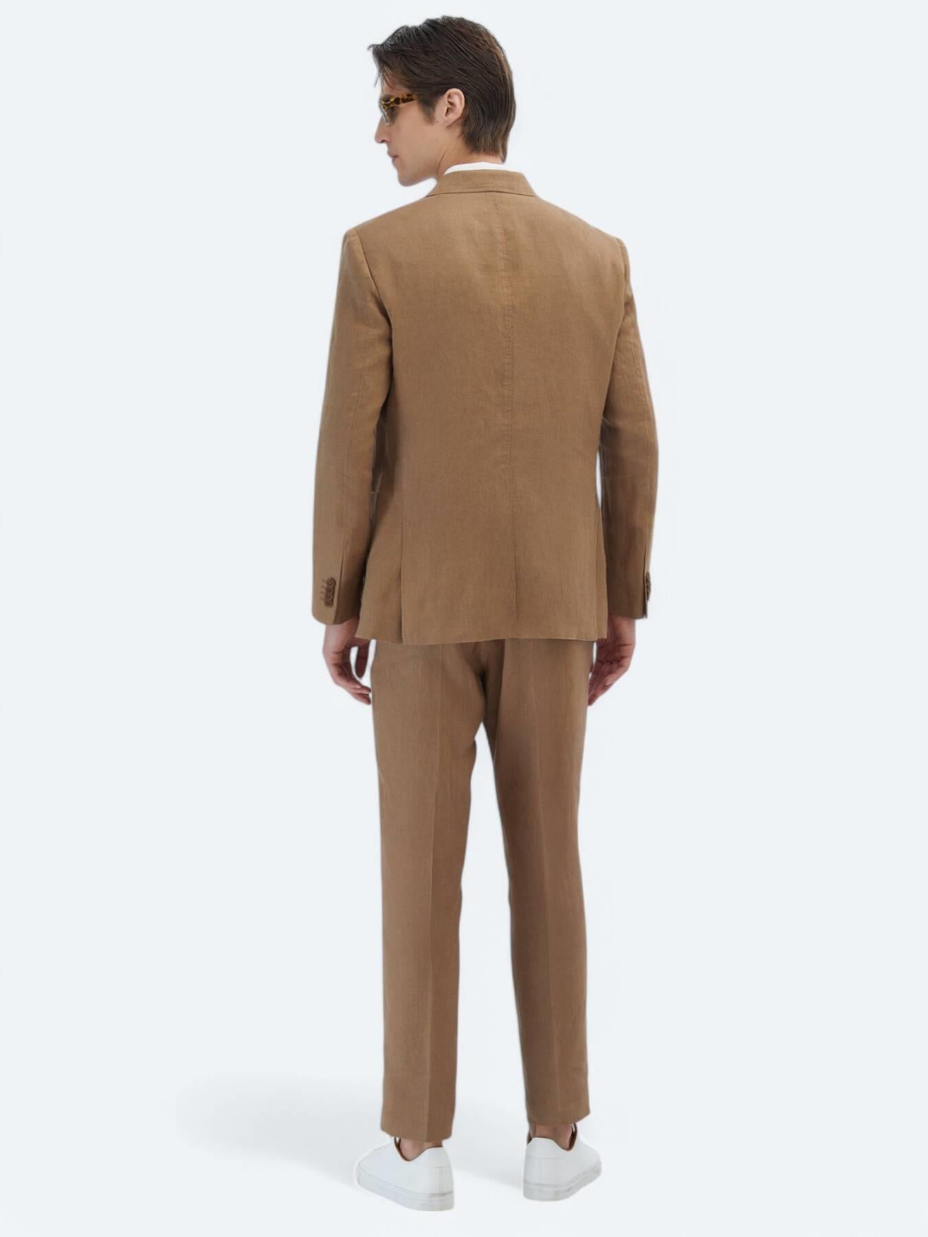 Kahverengi Düz Modern Fit %100 Keten Takım Elbise