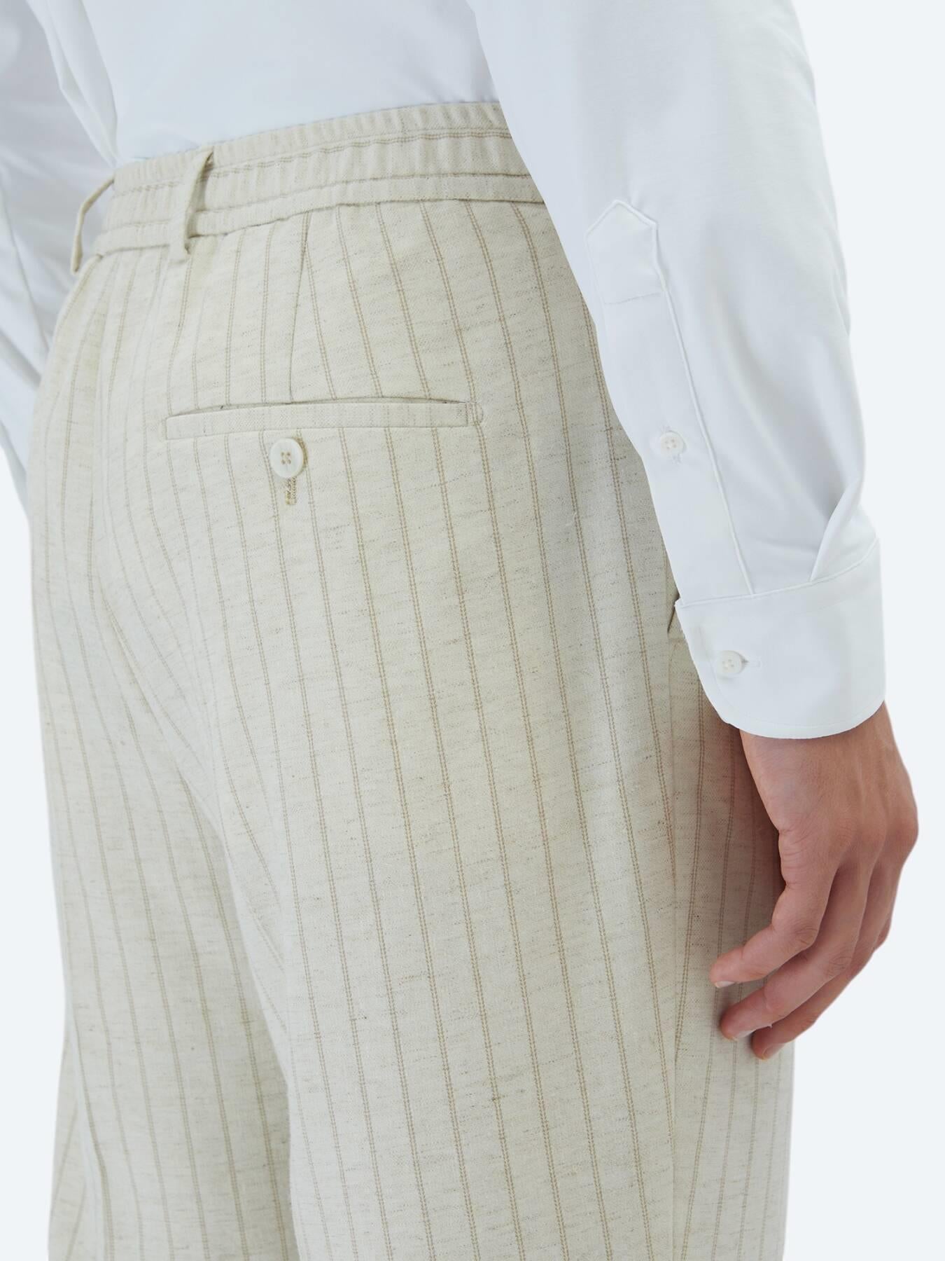 Bej Çizgili Comfort Fit Keten Karışımlı Takım Elbise