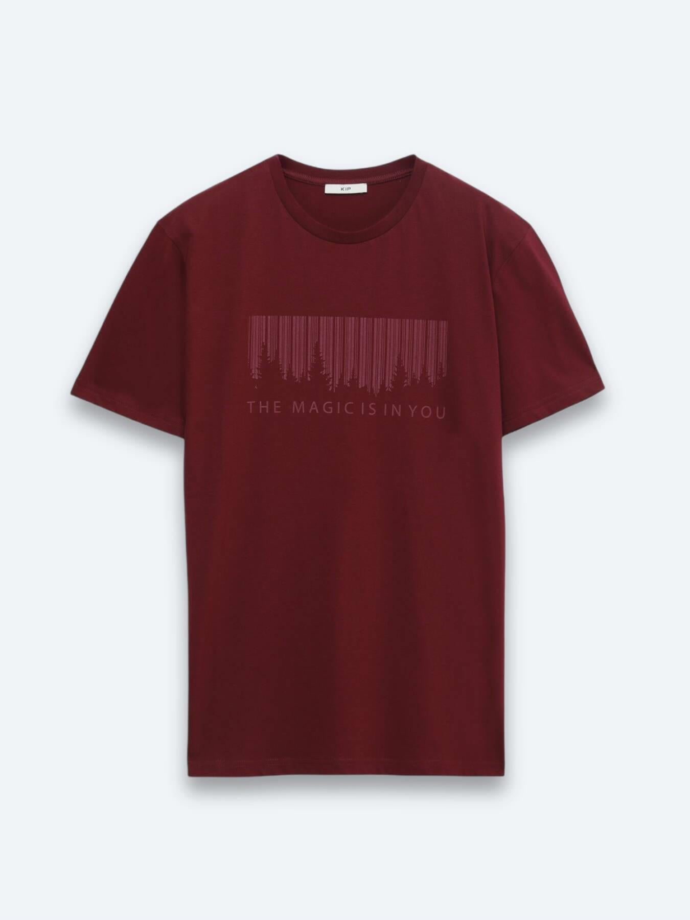 Bordo Baskılı Bisiklet Yaka %100 Pamuk T-shirt