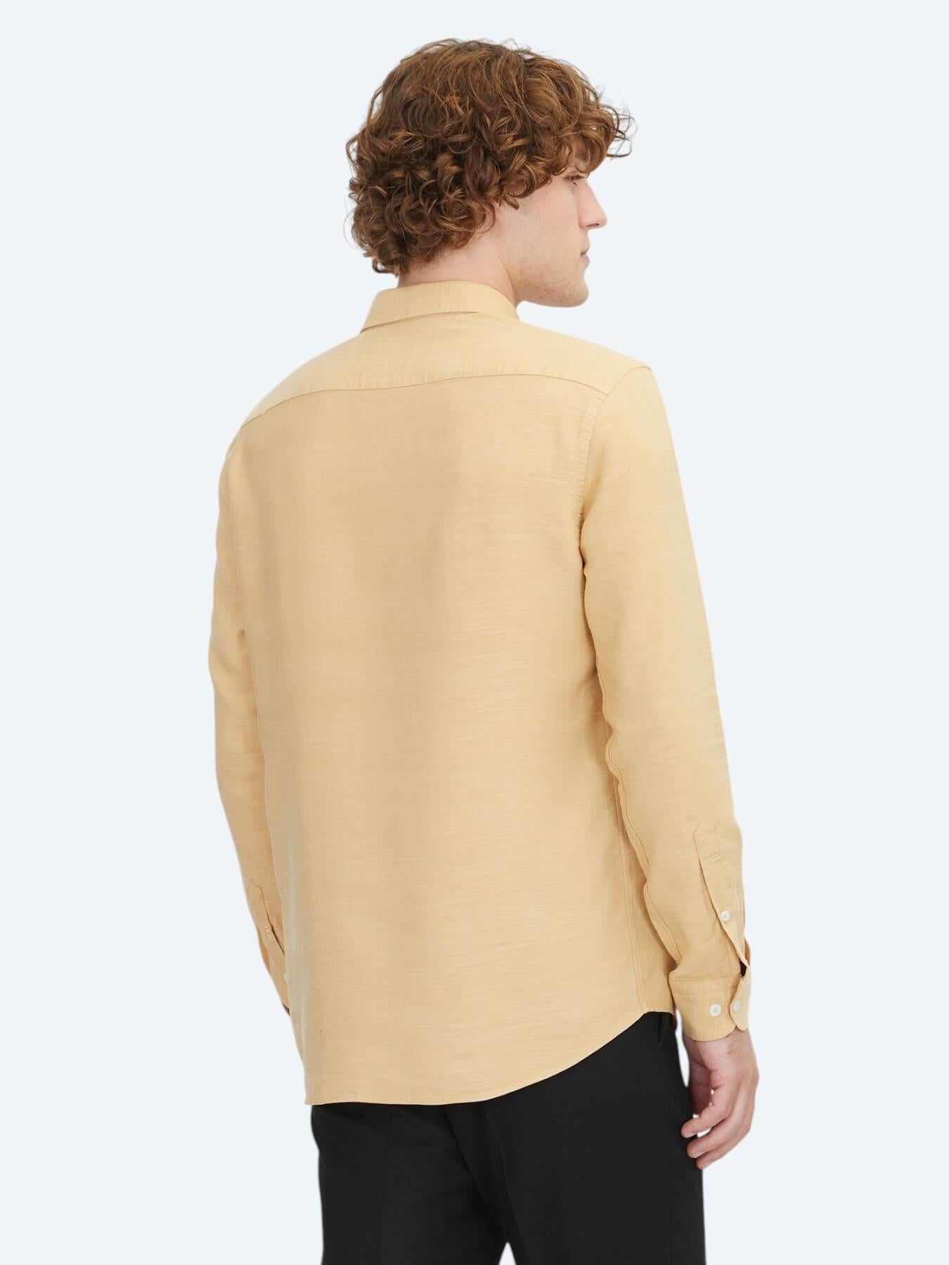 Safran Çizgili Regular Fit Uzun Dokuma Casual Gömlek