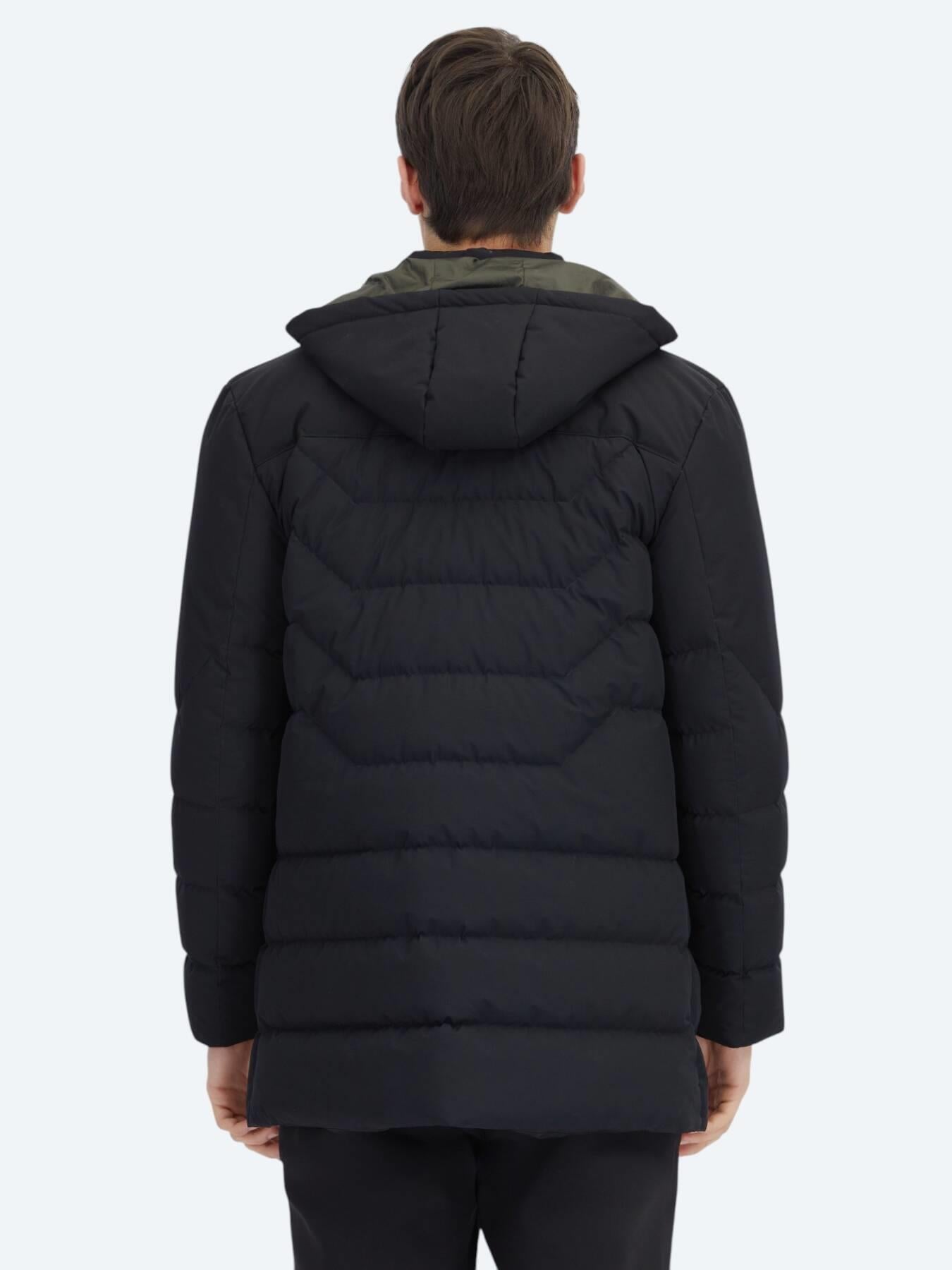 Siyah Regular Fit Kapüşonlu Casual Dokuma Kaban