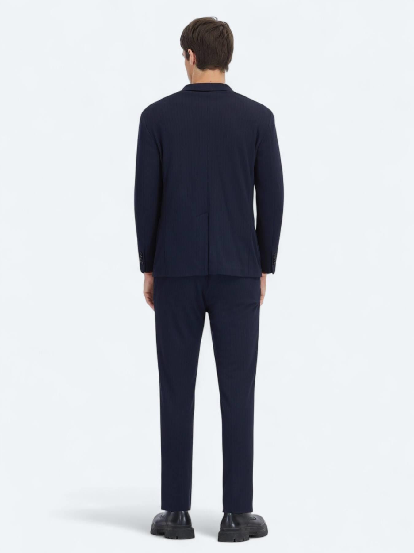 Lacivert Çizgili Modern Fit Örme Takım Elbise