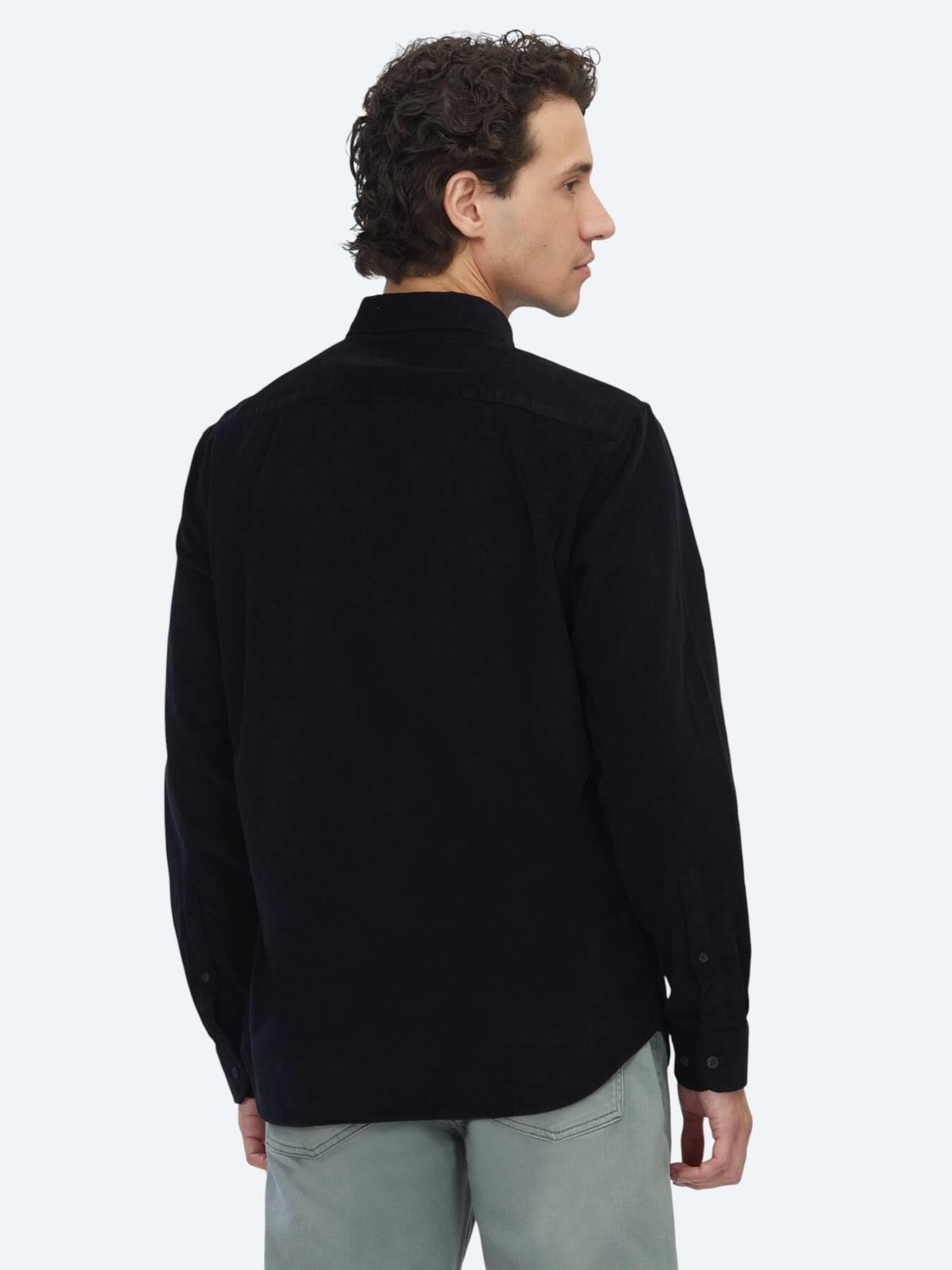 Siyah Çizgili Regular Fit Uzun Dokuma Kadife Casual %100 Pamuk Gömlek