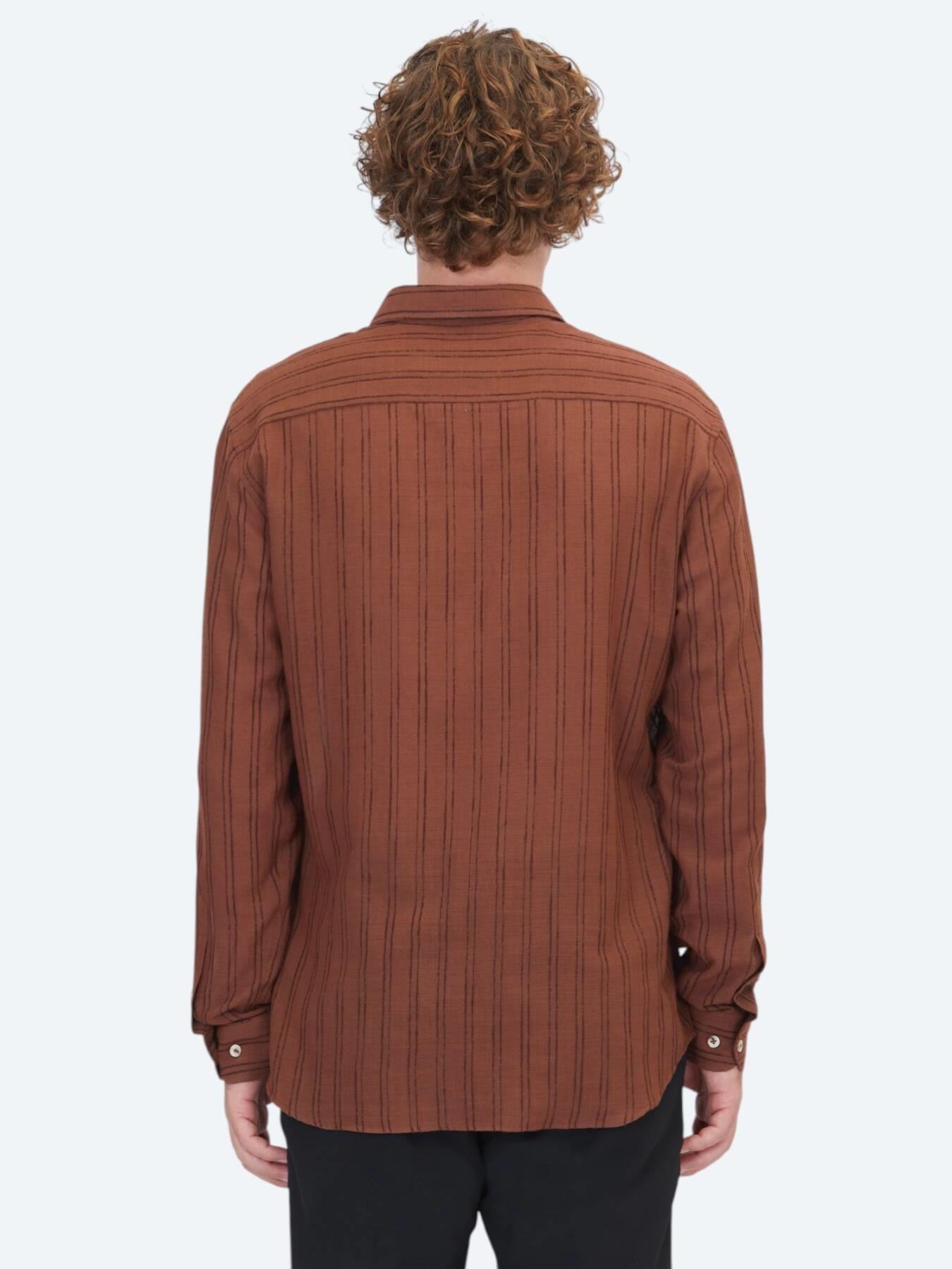 Kahverengi Çizgili Regular Fit Uzun Dokuma Casual Pamuk Karışımlı Gömlek