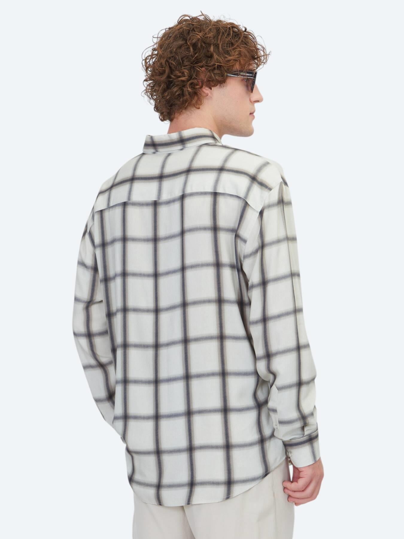 Bej Kareli Oversize Fit Uzun Dokuma Casual Gömlek