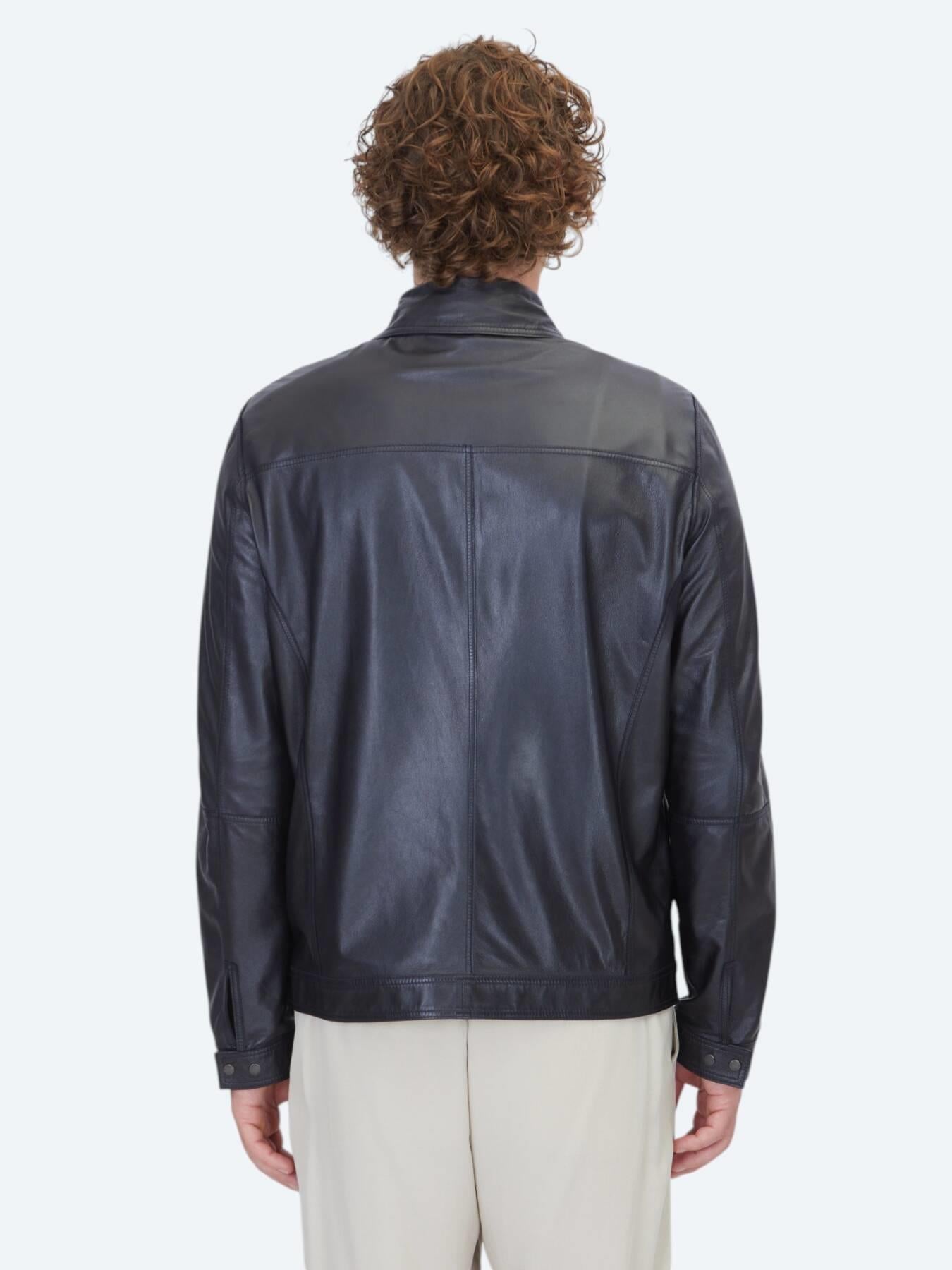 Koyu Lacivert Regular Fit Gömlek Yaka Smart Casual Çift Taraflı Deri Mont