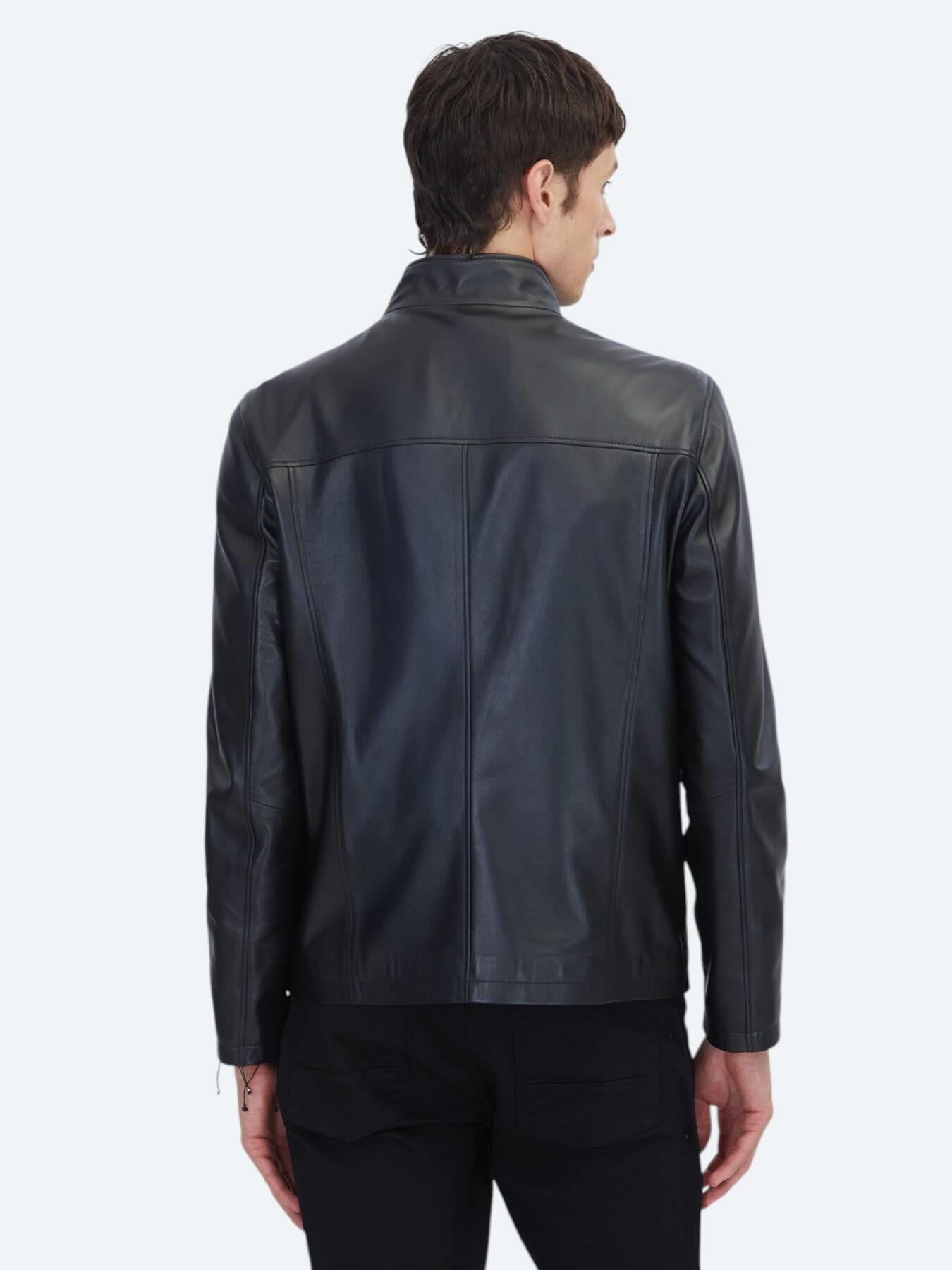 Siyah Regular Fit Dik Yaka Casual Koyun Derisi Deri Mont