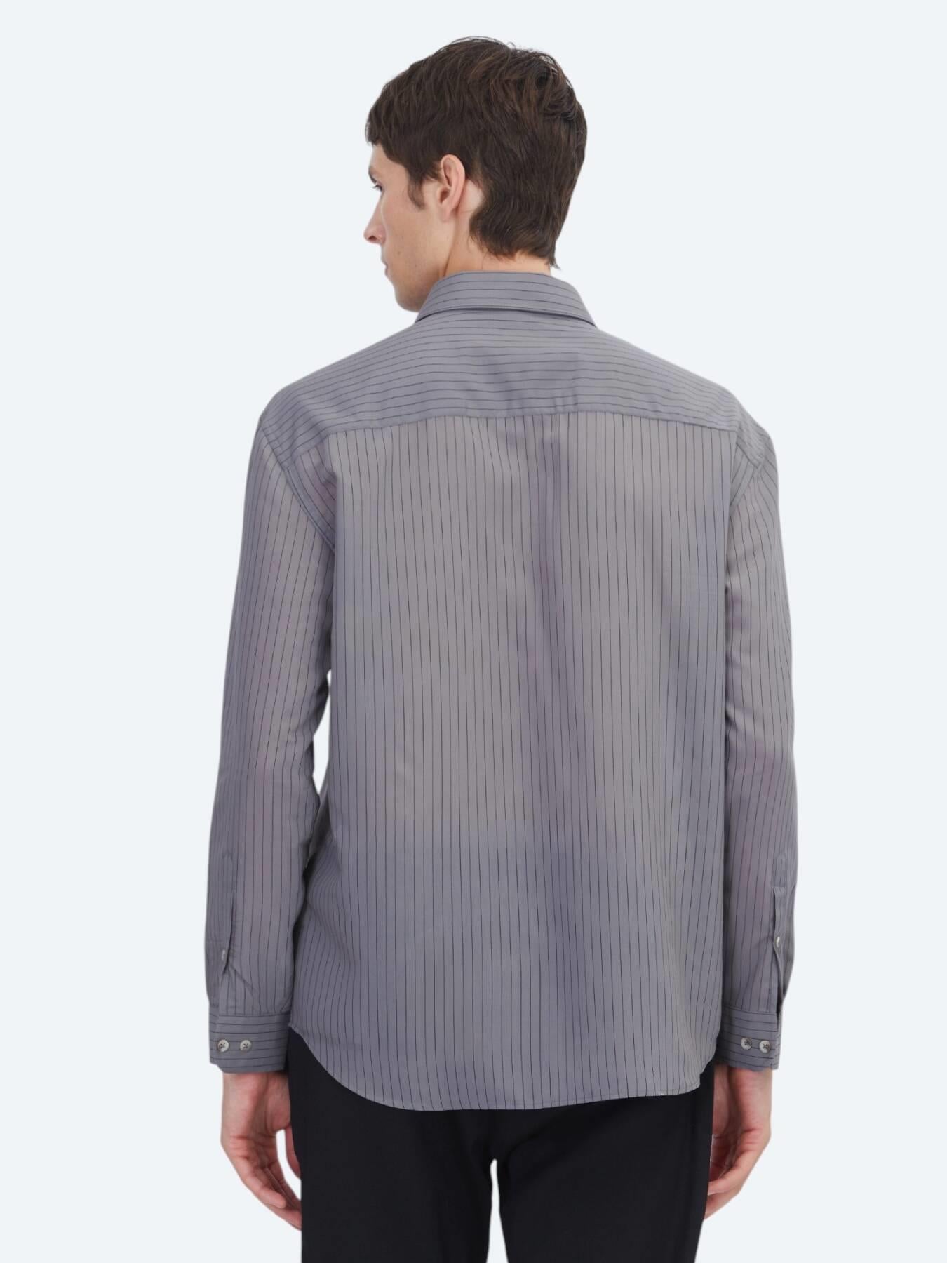 Antrasit Çizgili Oversize Fit Uzun Dokuma Casual Gömlek