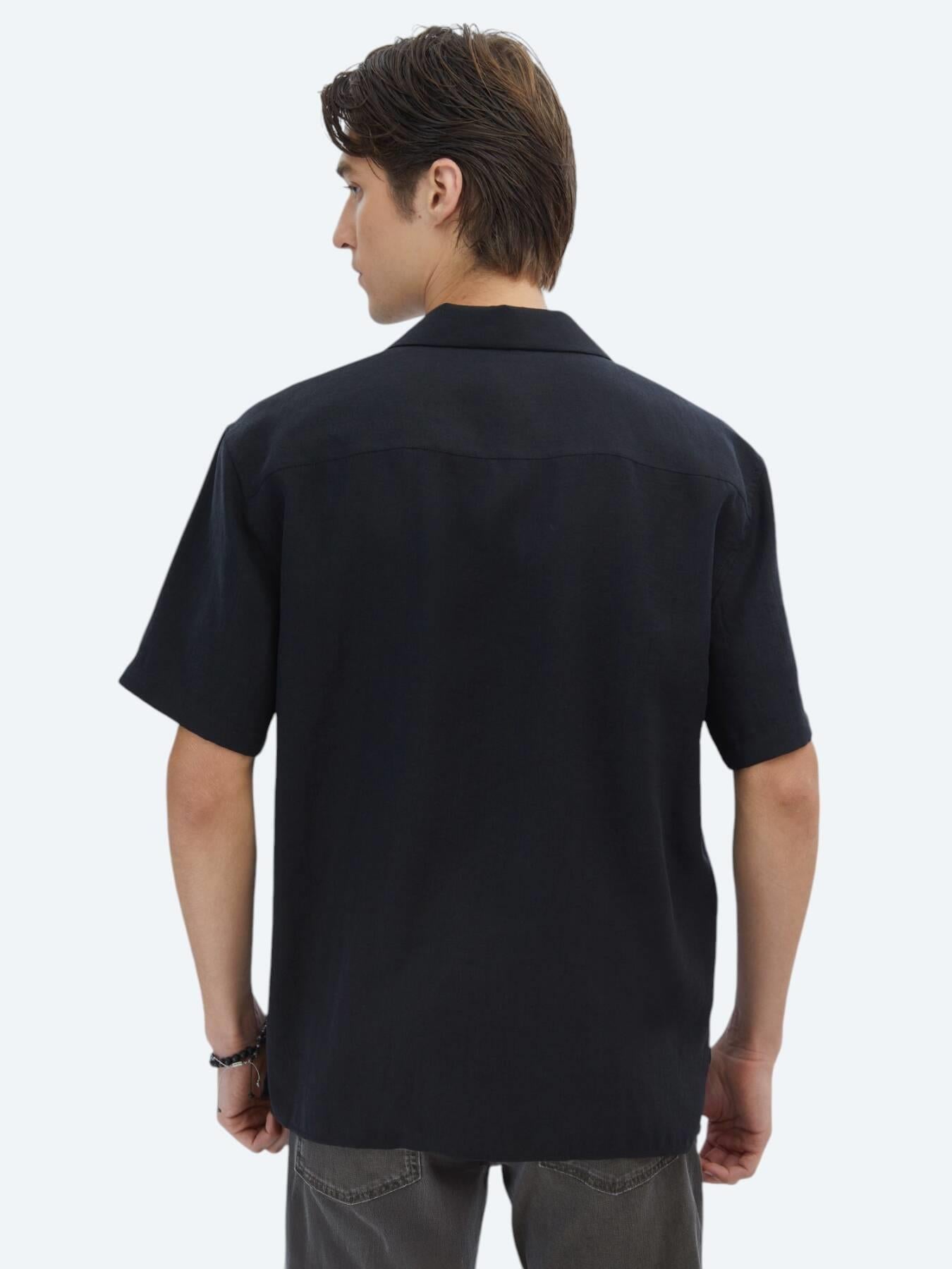 Siyah Düz Oversize Fit Kısa Dokuma Casual Gömlek