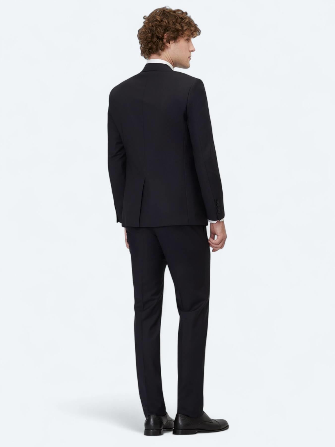 Lacivert Düz Slim Fit Yün Karışımlı Takım Elbise