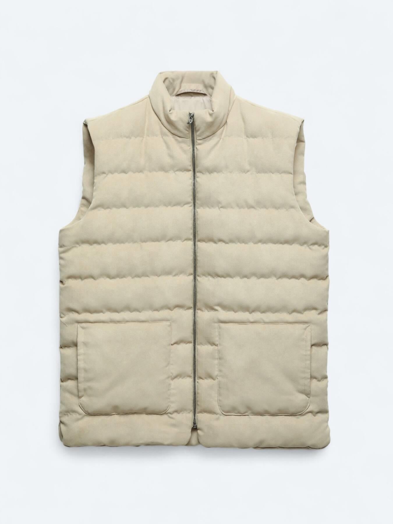 Bej Regular Fit Dik Yaka Casual Dokuma Spor Yelek