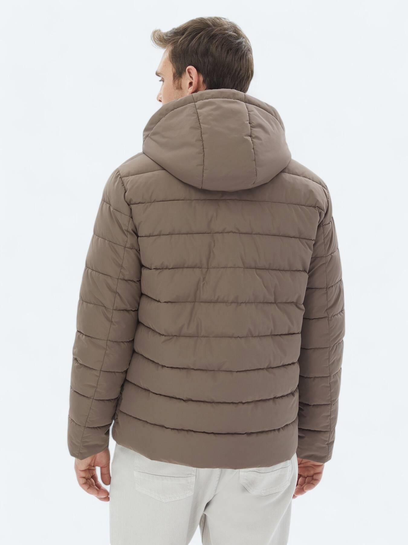 Bej Regular Fit Kapüşonlu Casual Dokuma Mont