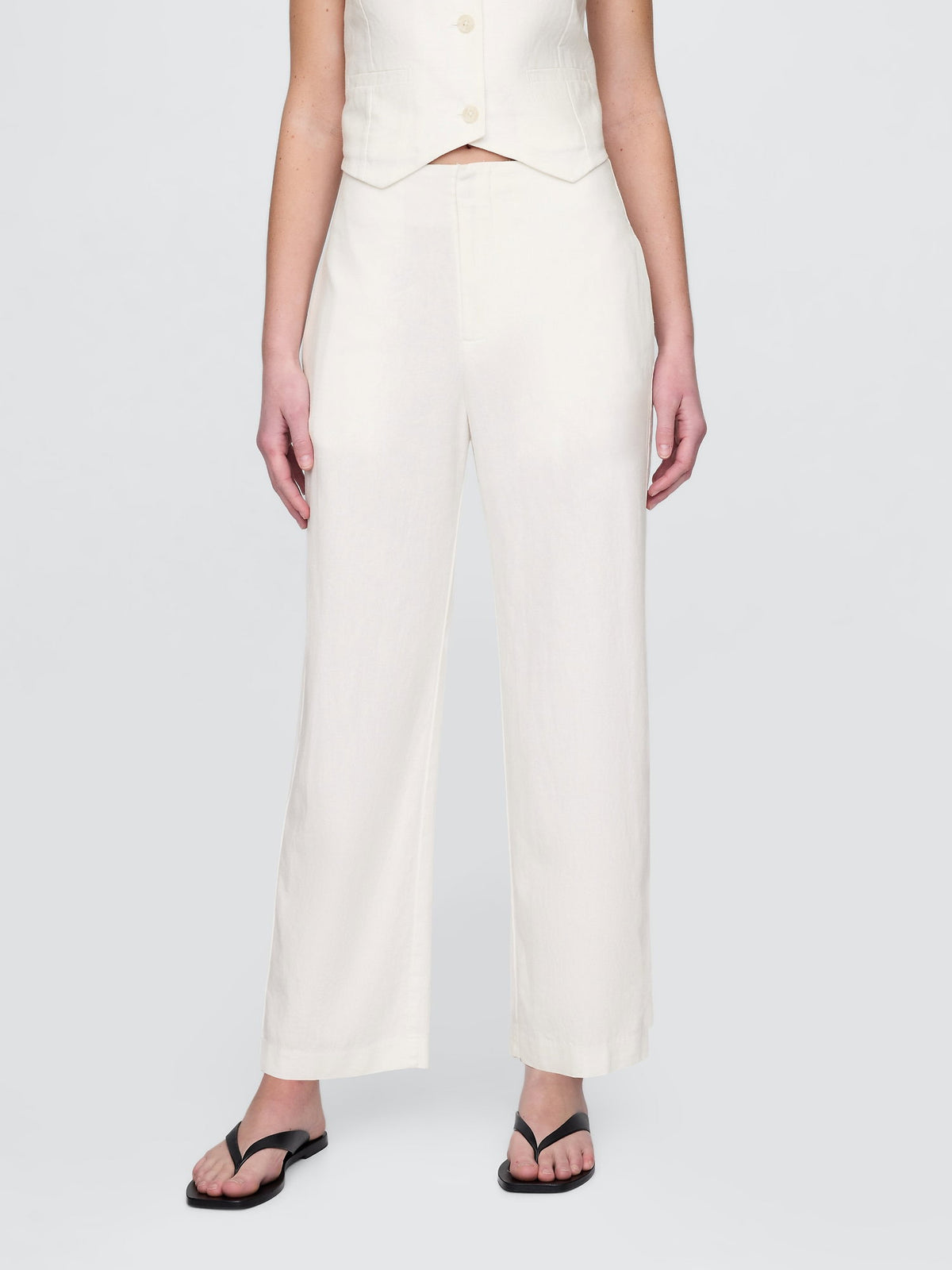Beyaz Keten Karışımlı Relaxed Straight Ankle Pantolon