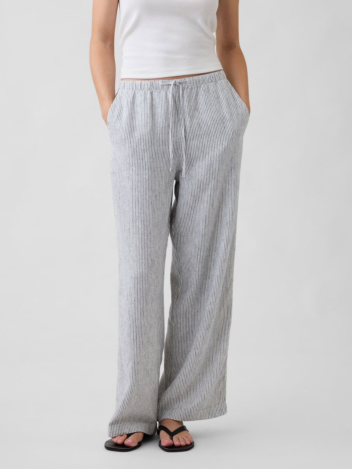Lacivert Relaxed Keten Karışımlı Wide-leg Pantolon