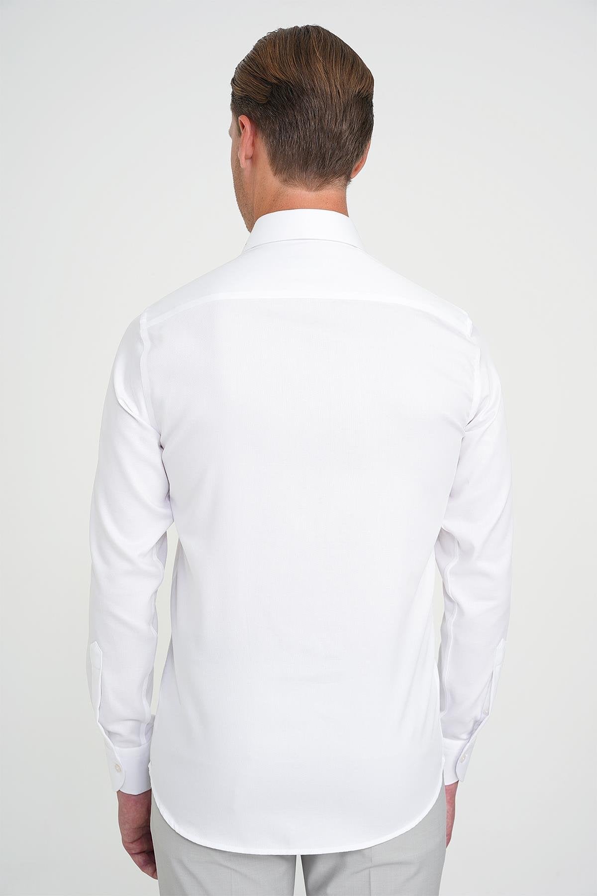 Slim Fit %100 Pamuk Non Iron Kumaş Dokulu Klasik Beyaz Gömlek Gk 744