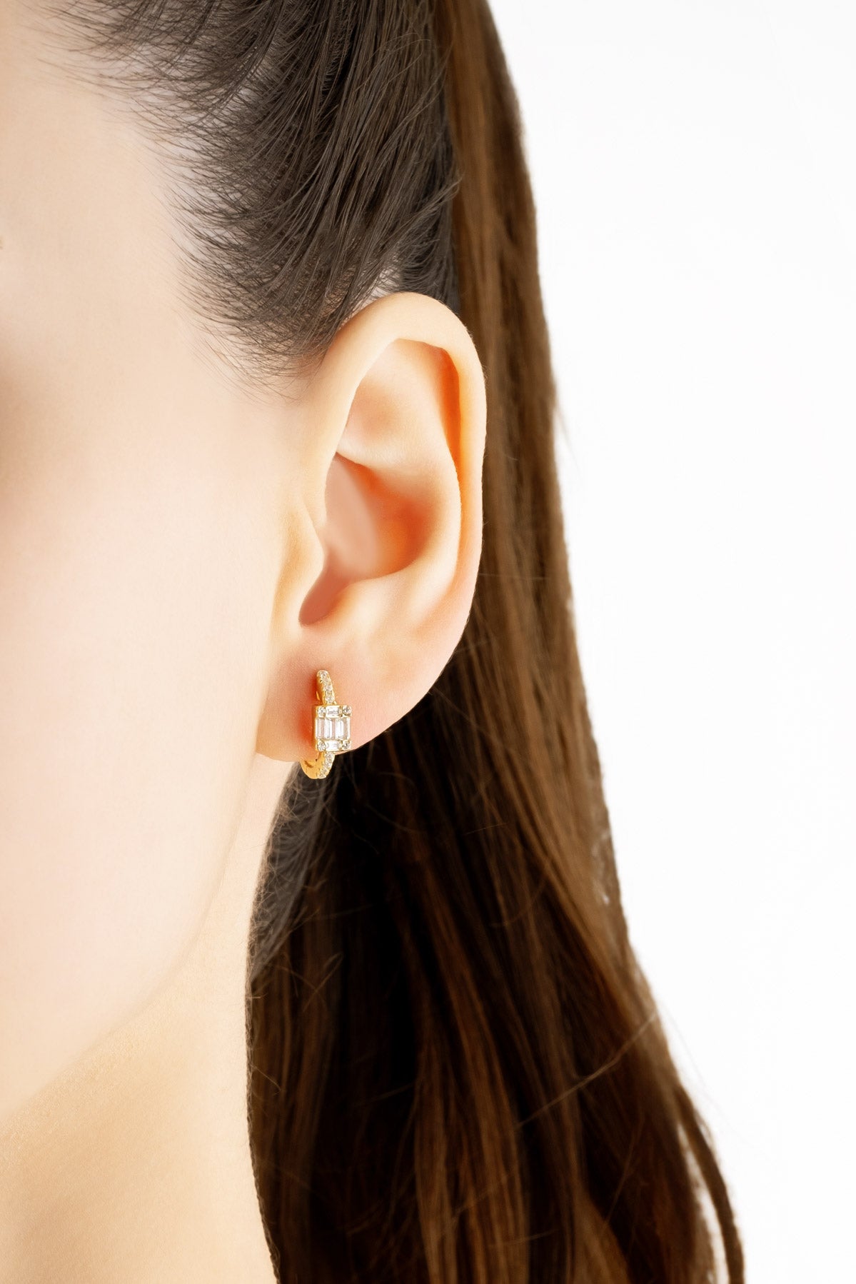 Baget Taşlı 18 Ayar Sarı Altın Kaplama Gümüş Halka Küpe 5139430144