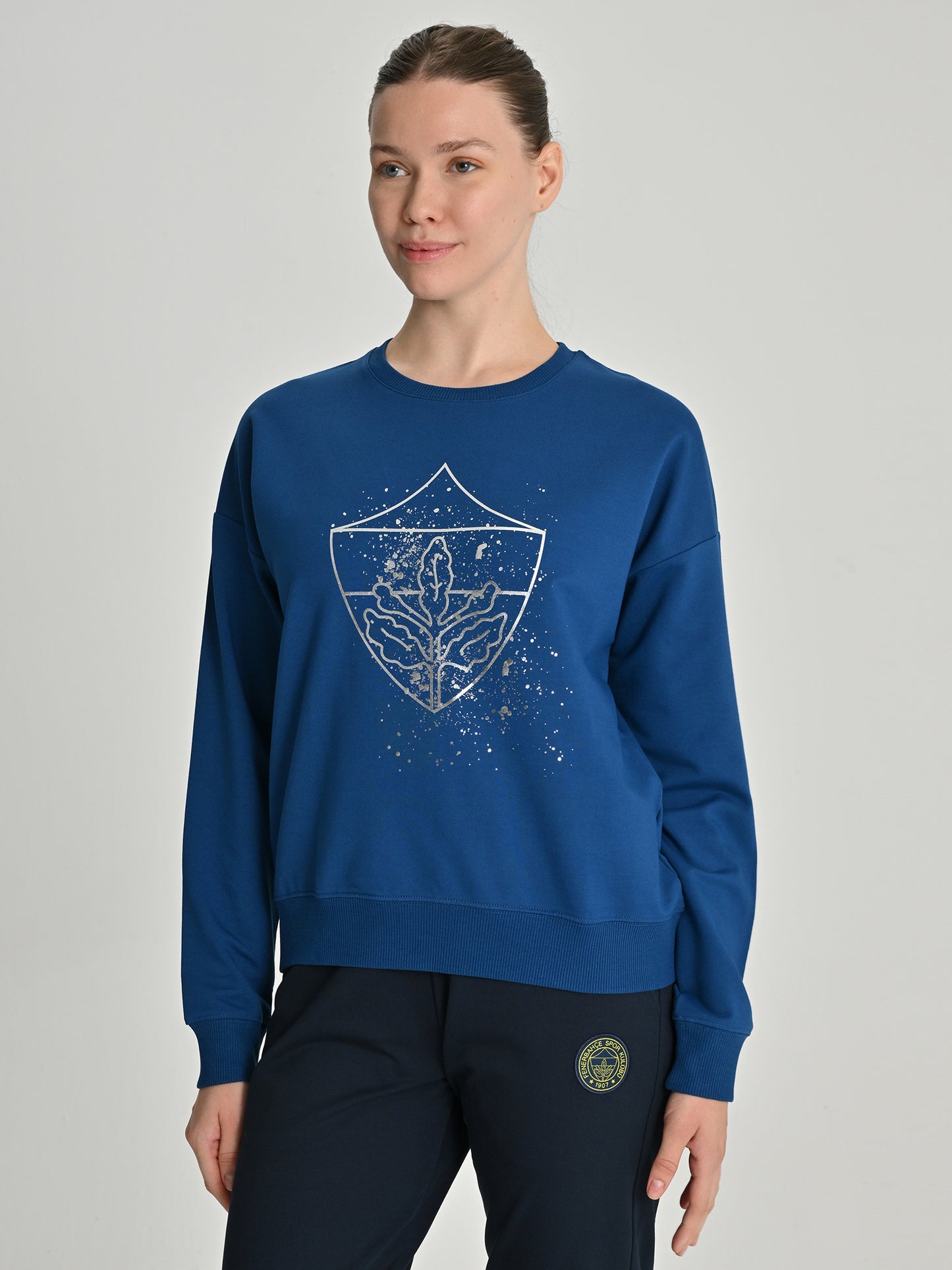 Fenerbahçe Mavi Tribün Metalik Baskılı Kadın Sweatshirt