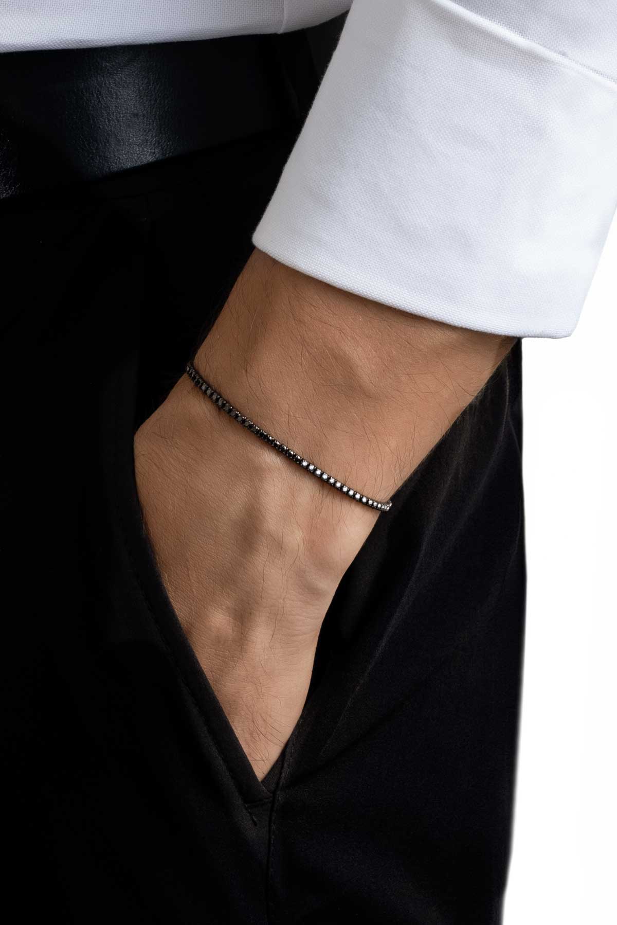 Siyah Ve Beyaz Taşlı Rodyum Kaplama 21 Cm Unisex Gümüş Su Yolu Bileklik 5160881342
