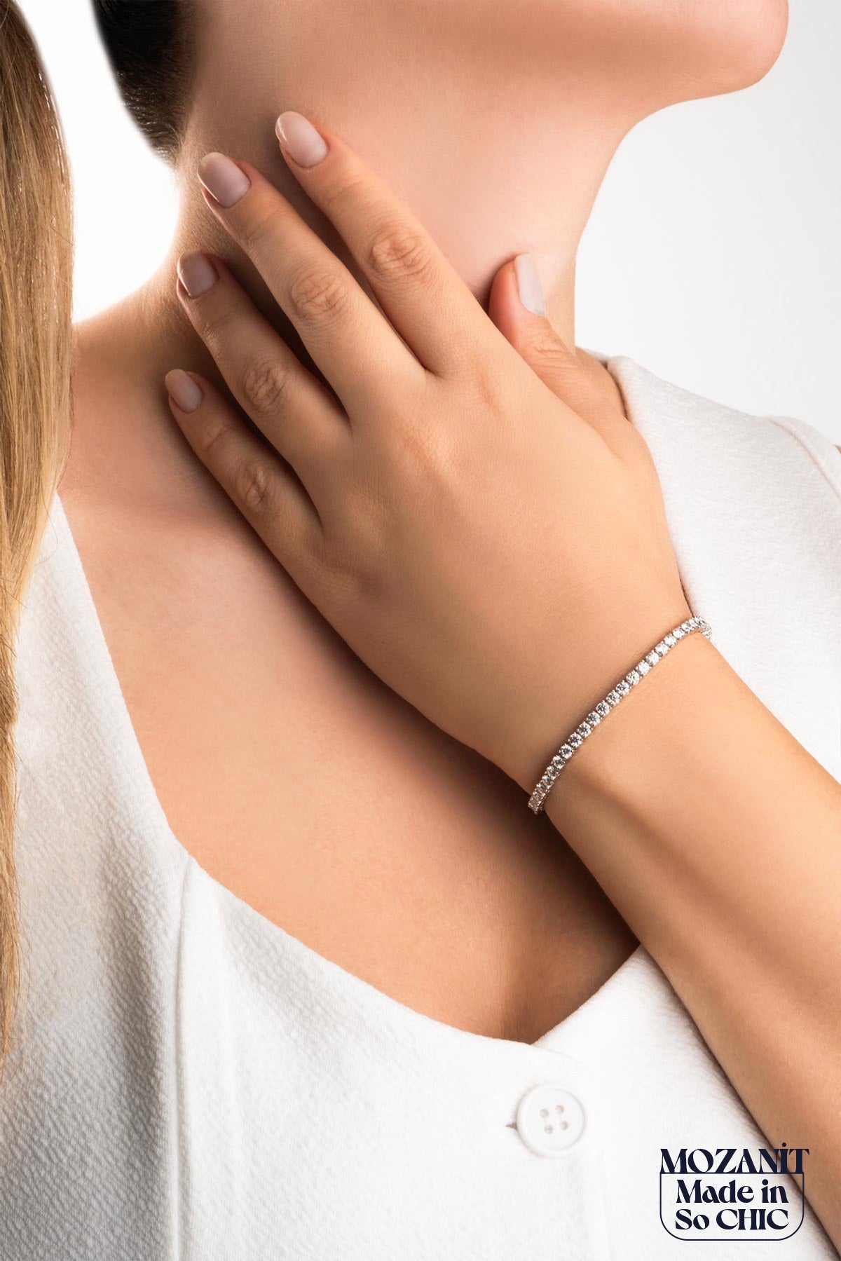 Mozanit Zarafeti 18 Ayar Beyaz Altın Kaplama 19 Cm Gümüş Bileklik 5193099919