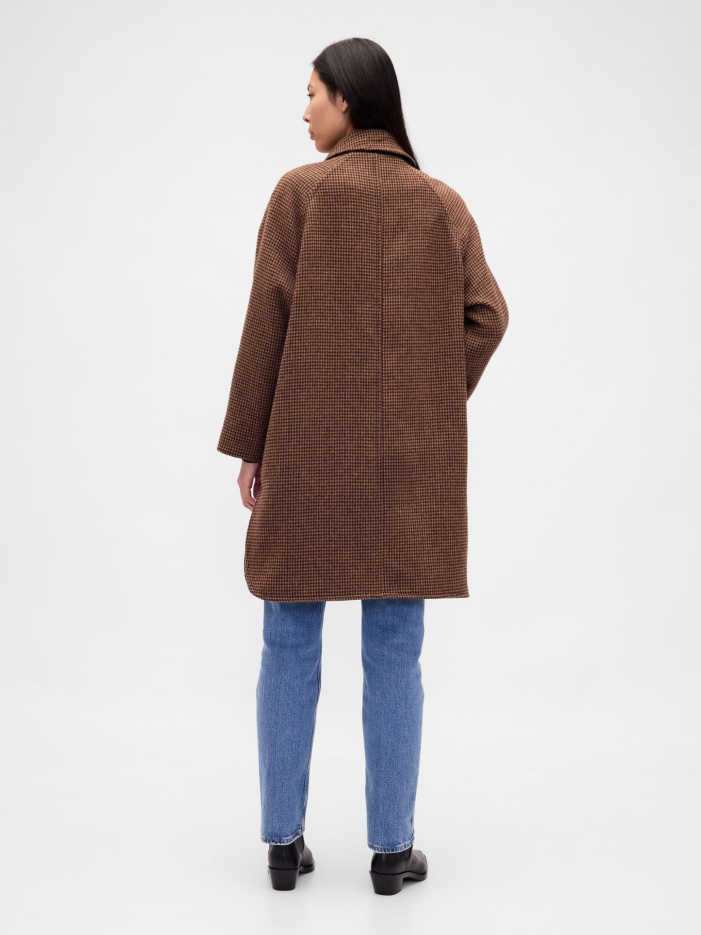Kahverengi Yün Karışımlı Houndstooth Kaban