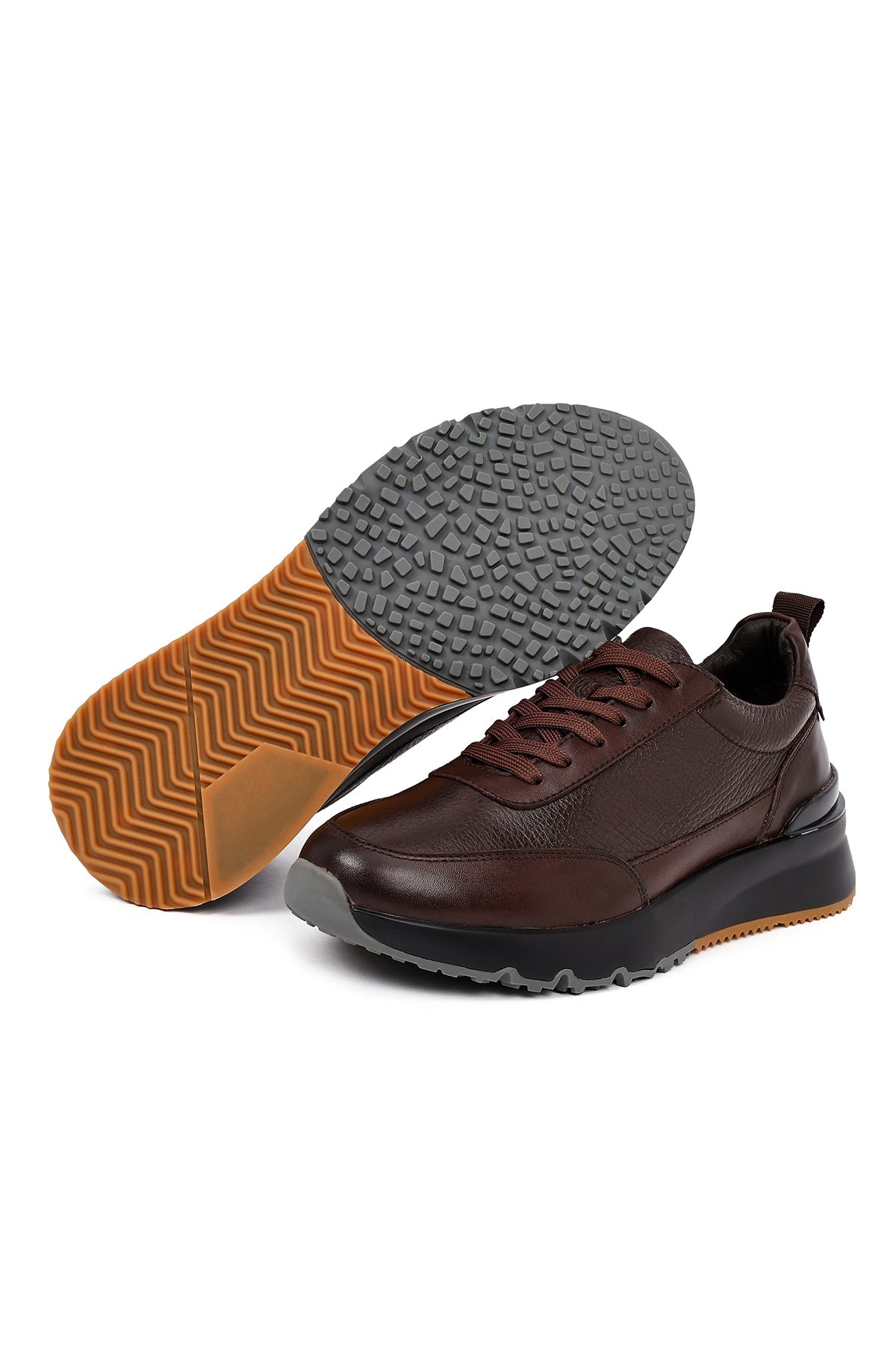 Erkek Kahverengi Bağcıklı Kalın Tabanlı Deri Sneaker