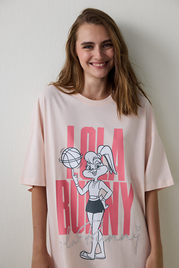Açık Pembe Looney Tunes Lola Bunny Pamuklu Kısa Kollu Termal Etkili Gecelik