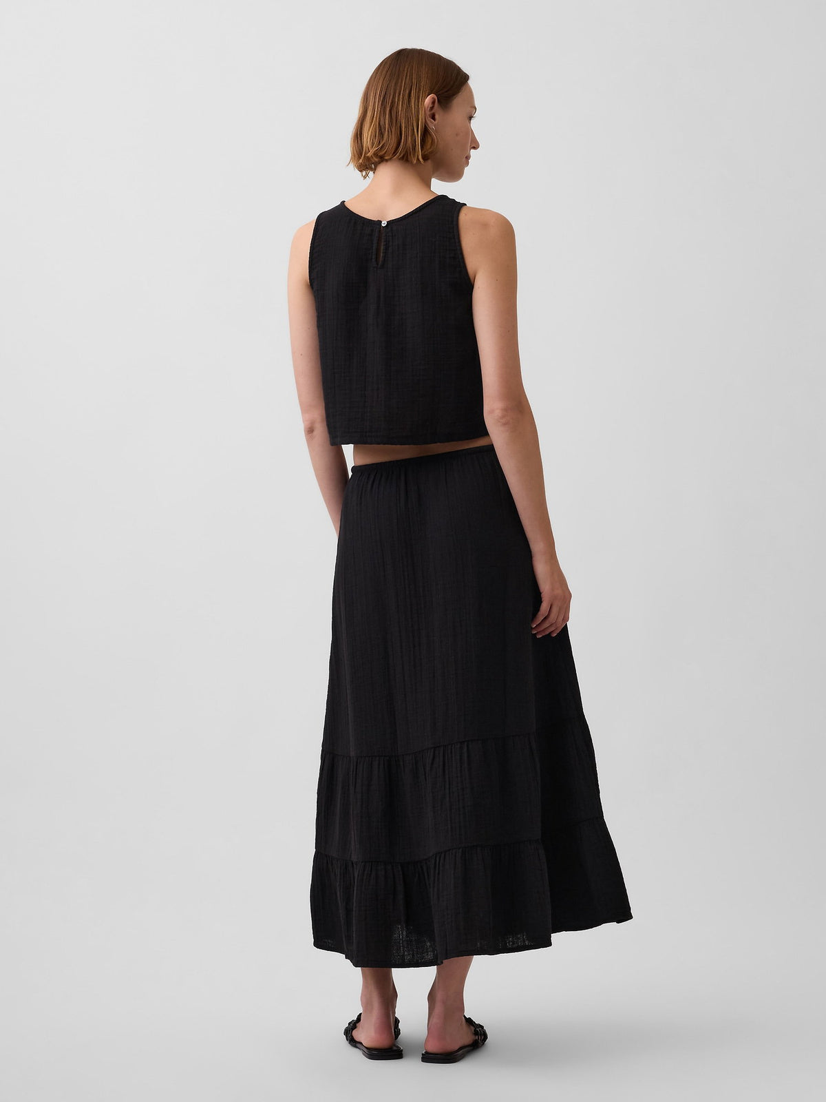 Siyah Pamuk Gauze Tiered Easy Maxi Etek