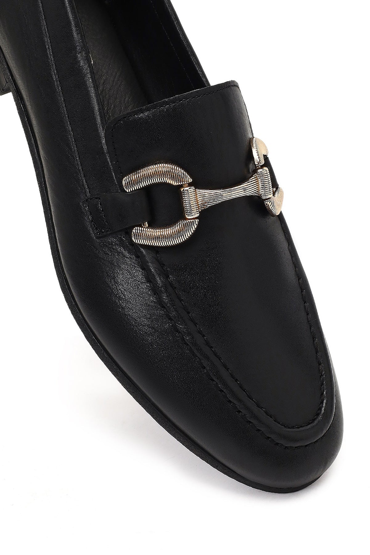 Kadın Siyah Tokalı Deri Loafer
