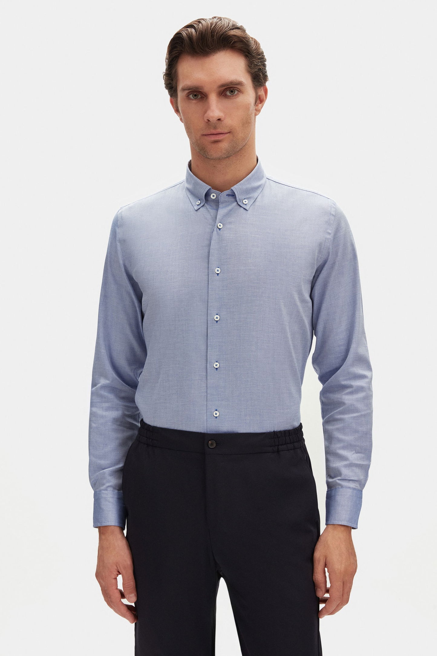 Damat Slim Fit Lacivert Armürlü %100 Pamuklu Gömlek